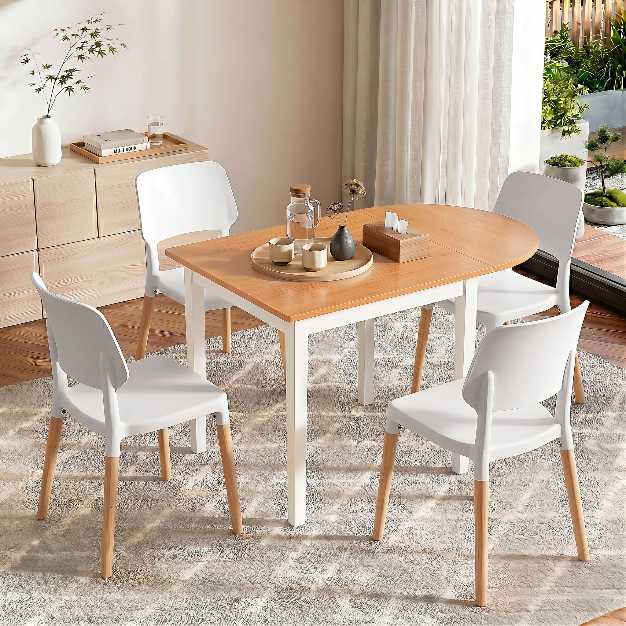 Dining Table and Chairs Set 5PCS, 75-110cm Drop-Leaf Table, with 4 Dining Chairs White Wooden, 4 Seater Dining Table Set for Kitchen, Apartment, Caf√©