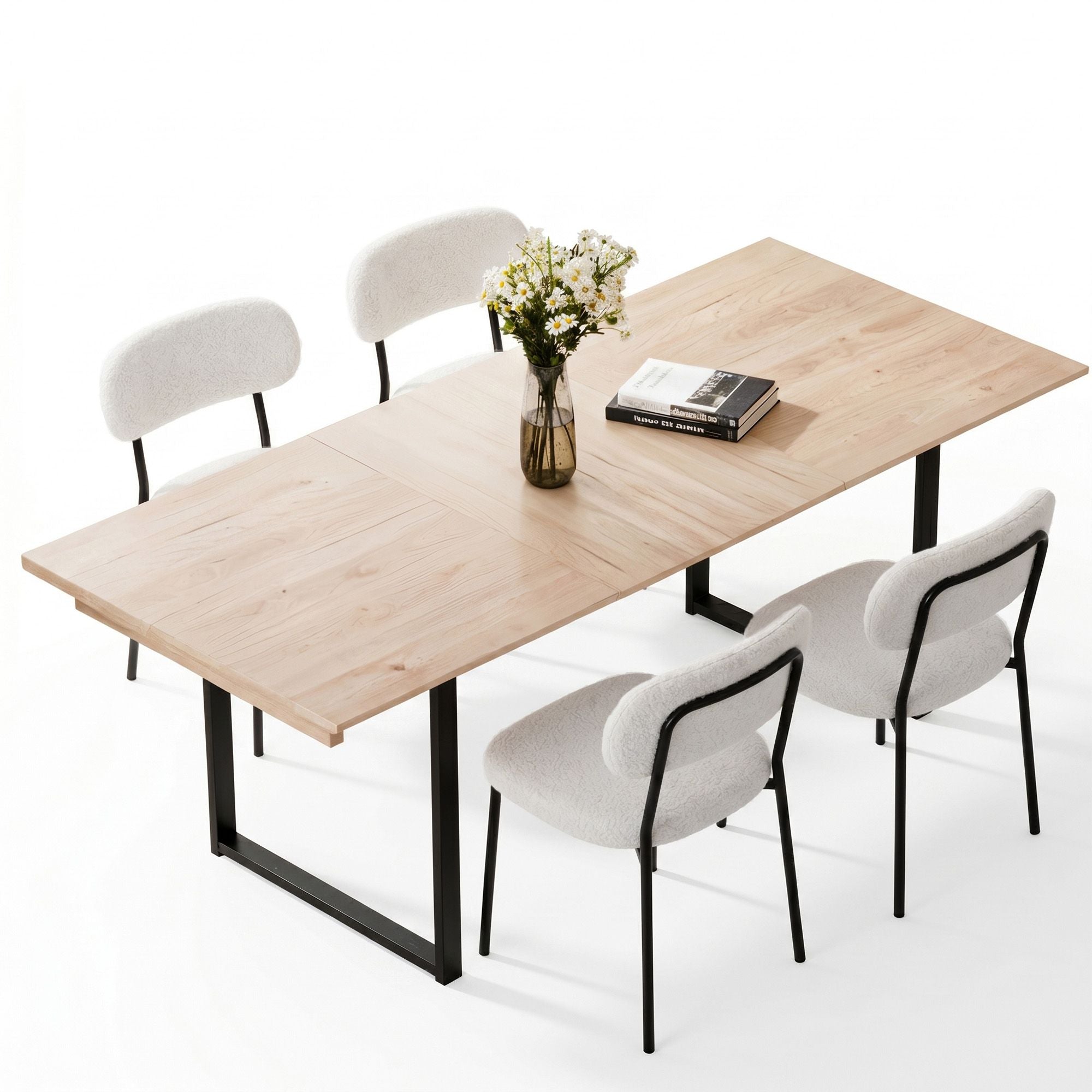 200cm Extendable Dining Table Set with 4x Dining Chairs Sherpa White