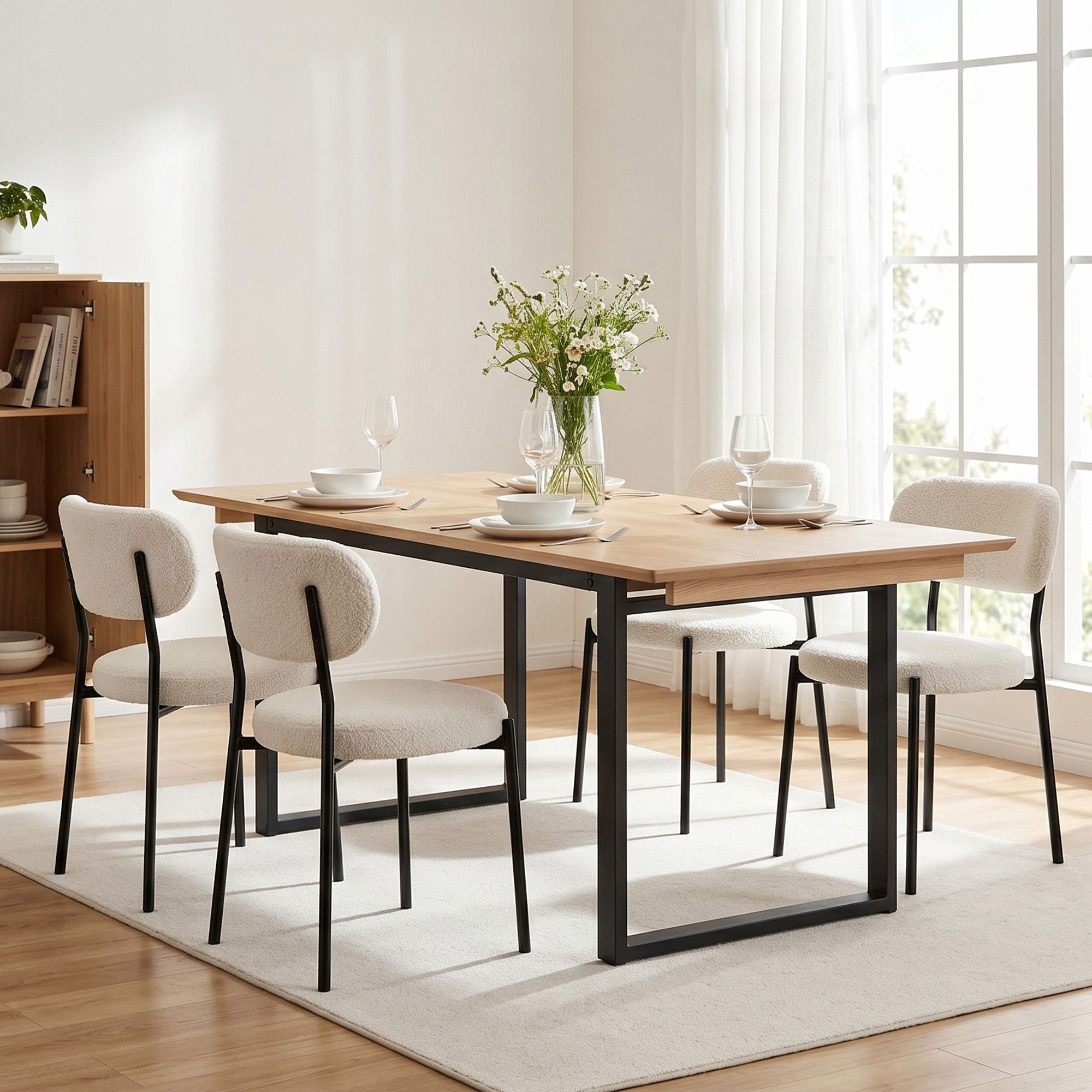 200cm Extendable Dining Table Set with 4x Dining Chairs Sherpa White