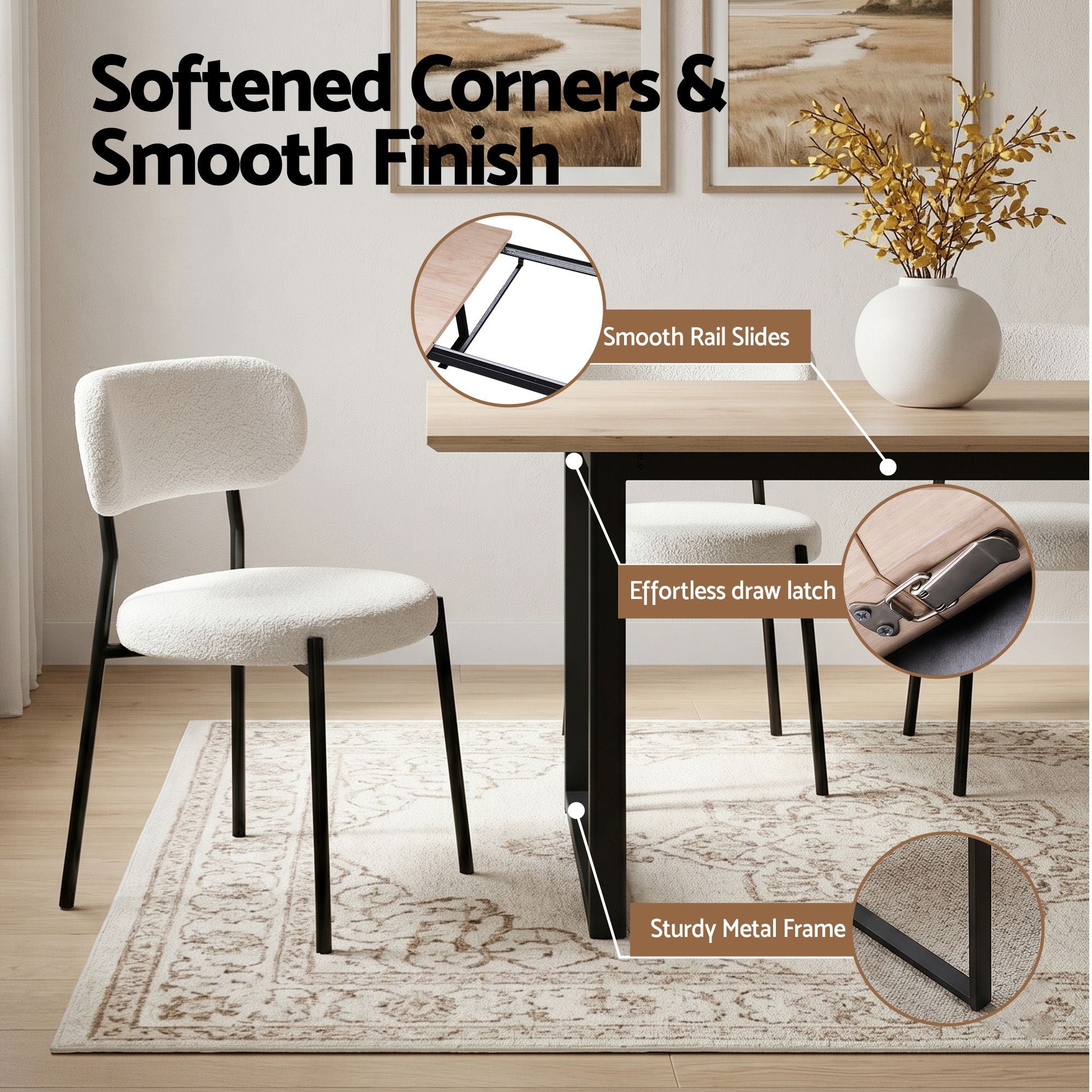 200cm Extendable Dining Table Set with 4x Dining Chairs Sherpa White