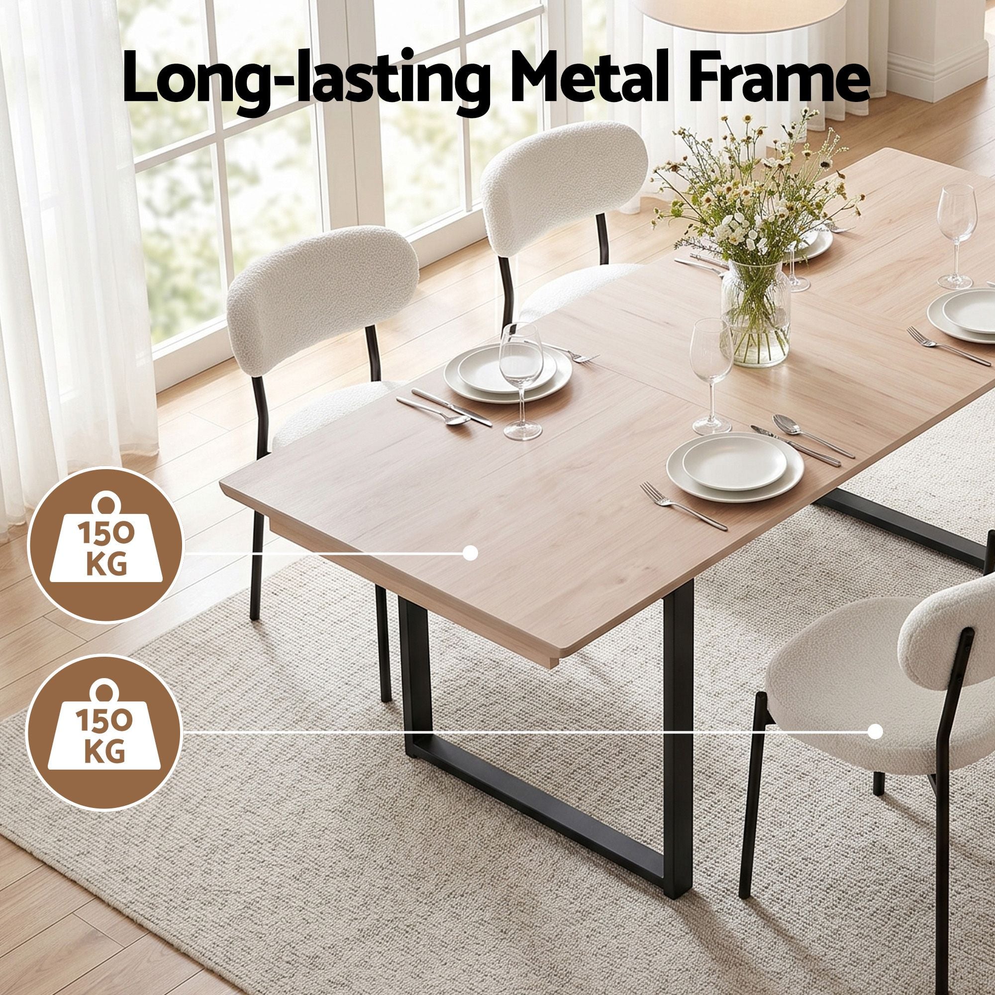 200cm Extendable Dining Table Set with 4x Dining Chairs Sherpa White