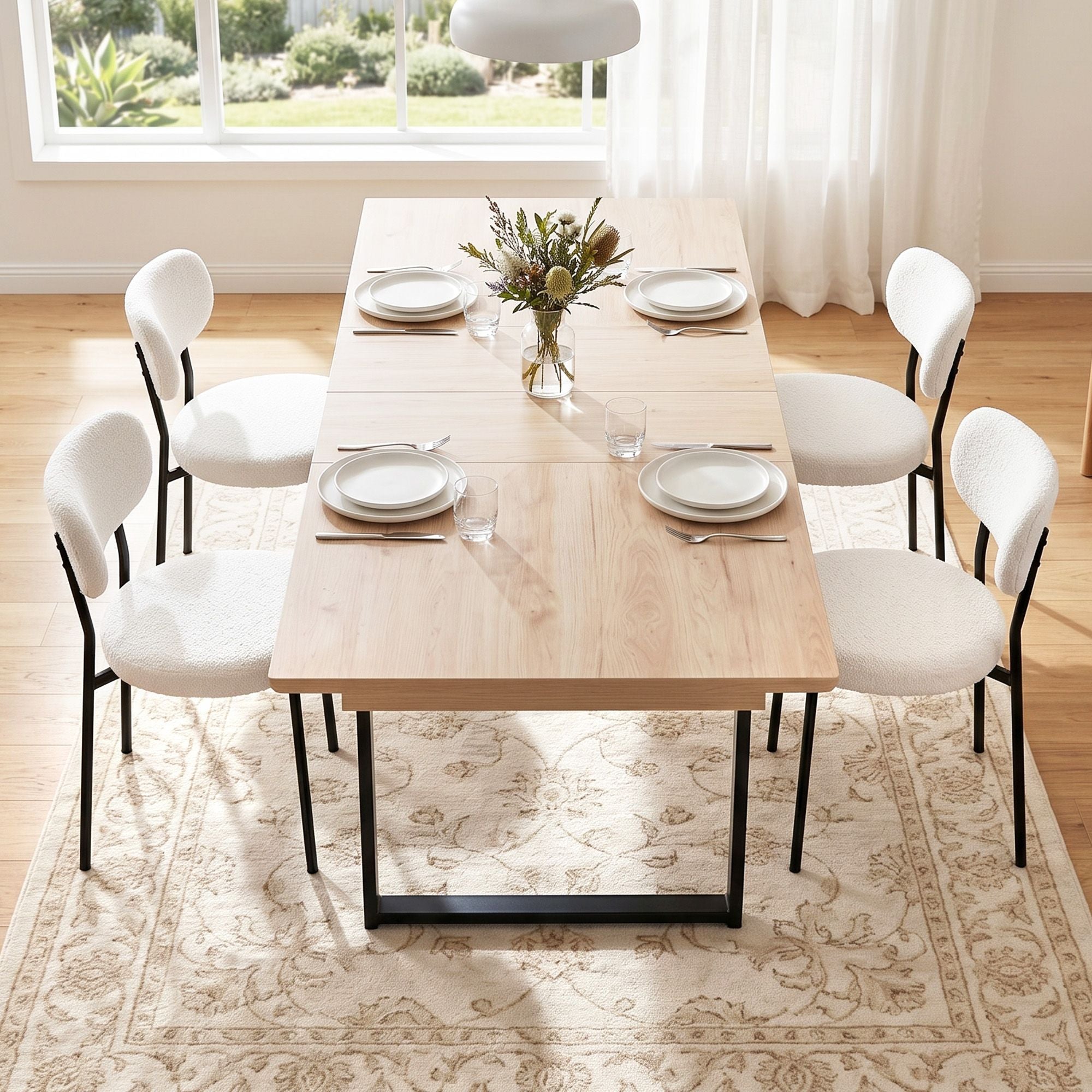 200cm Extendable Dining Table Set with 4x Dining Chairs Sherpa White
