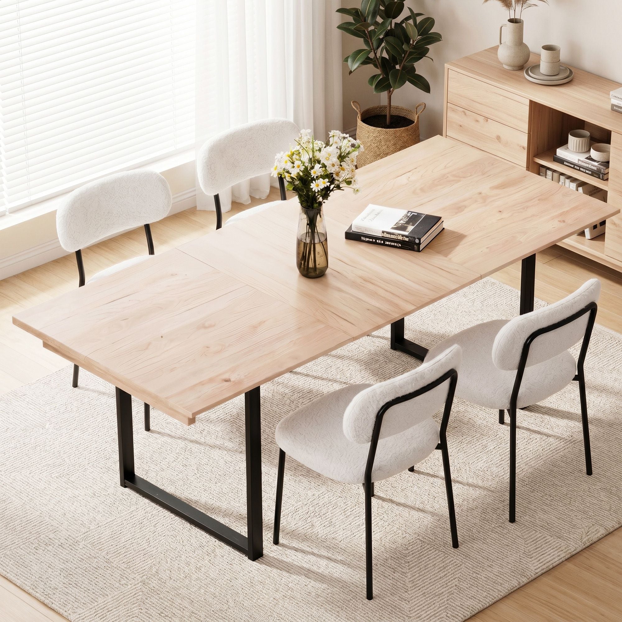 200cm Extendable Dining Table Set with 4x Dining Chairs Sherpa White
