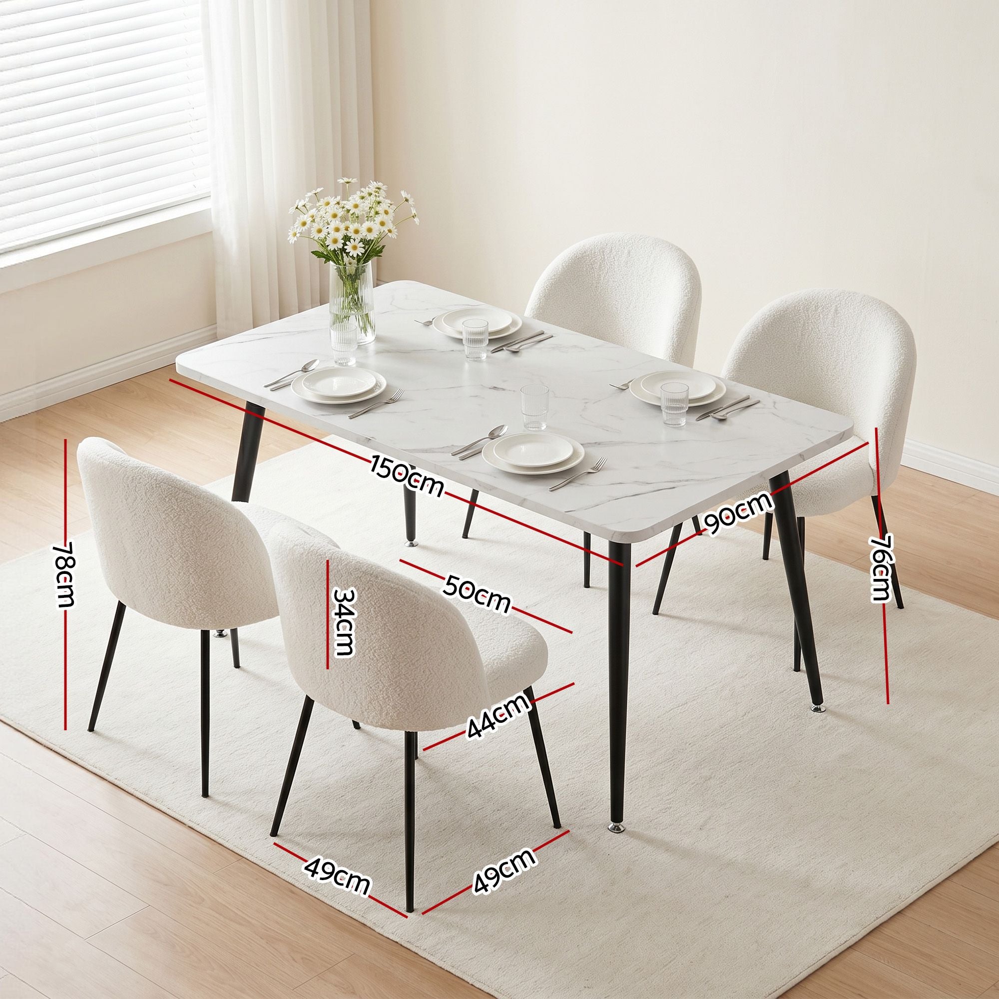 Dining Table and 4 Chairs Set White Marble Style