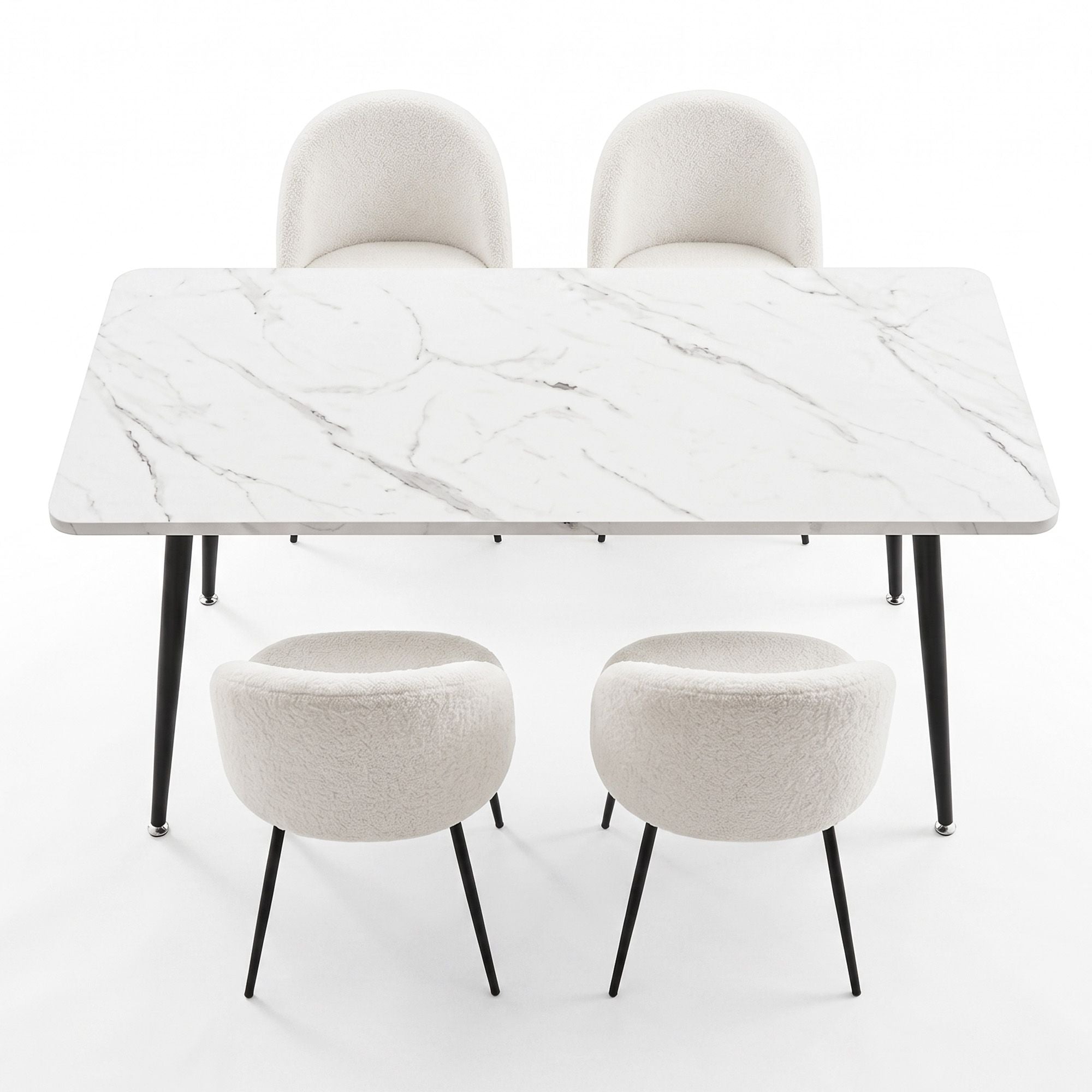 Dining Table and 4 Chairs Set White Marble Style