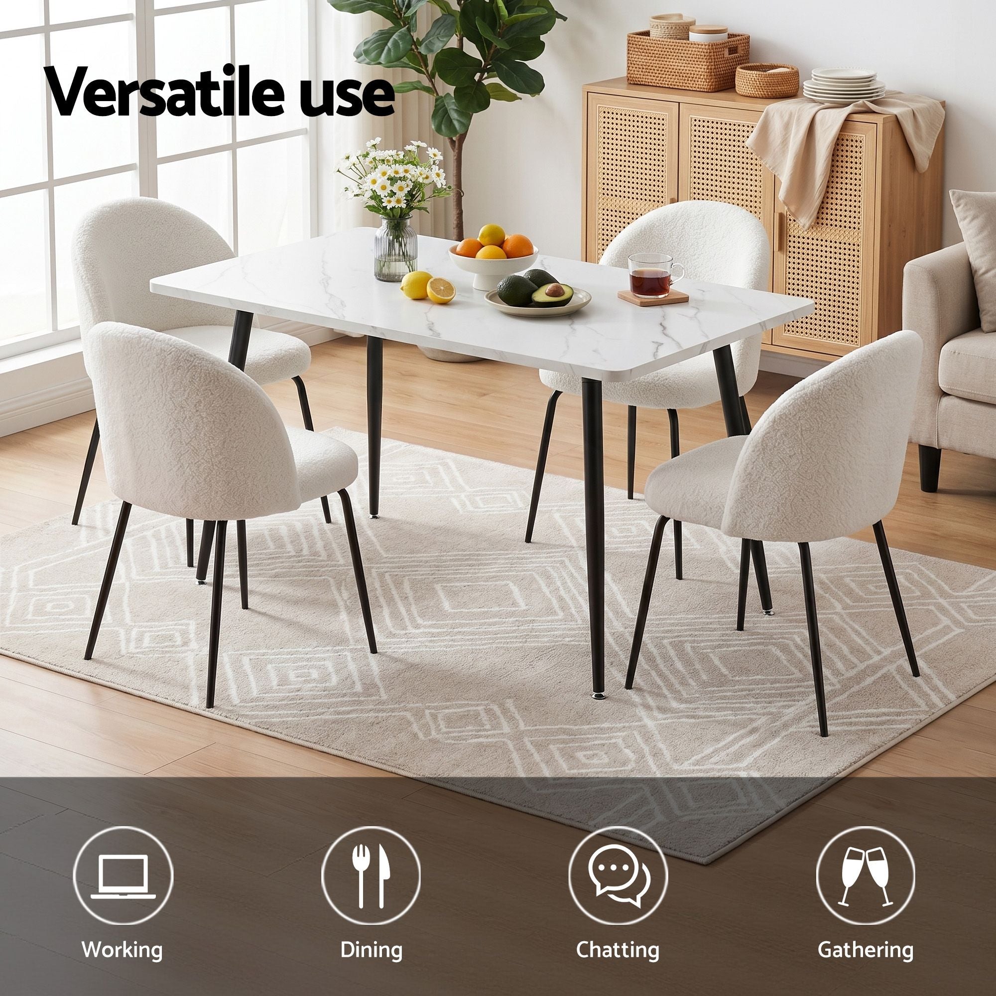 Dining Table and 4 Chairs Set White Marble Style