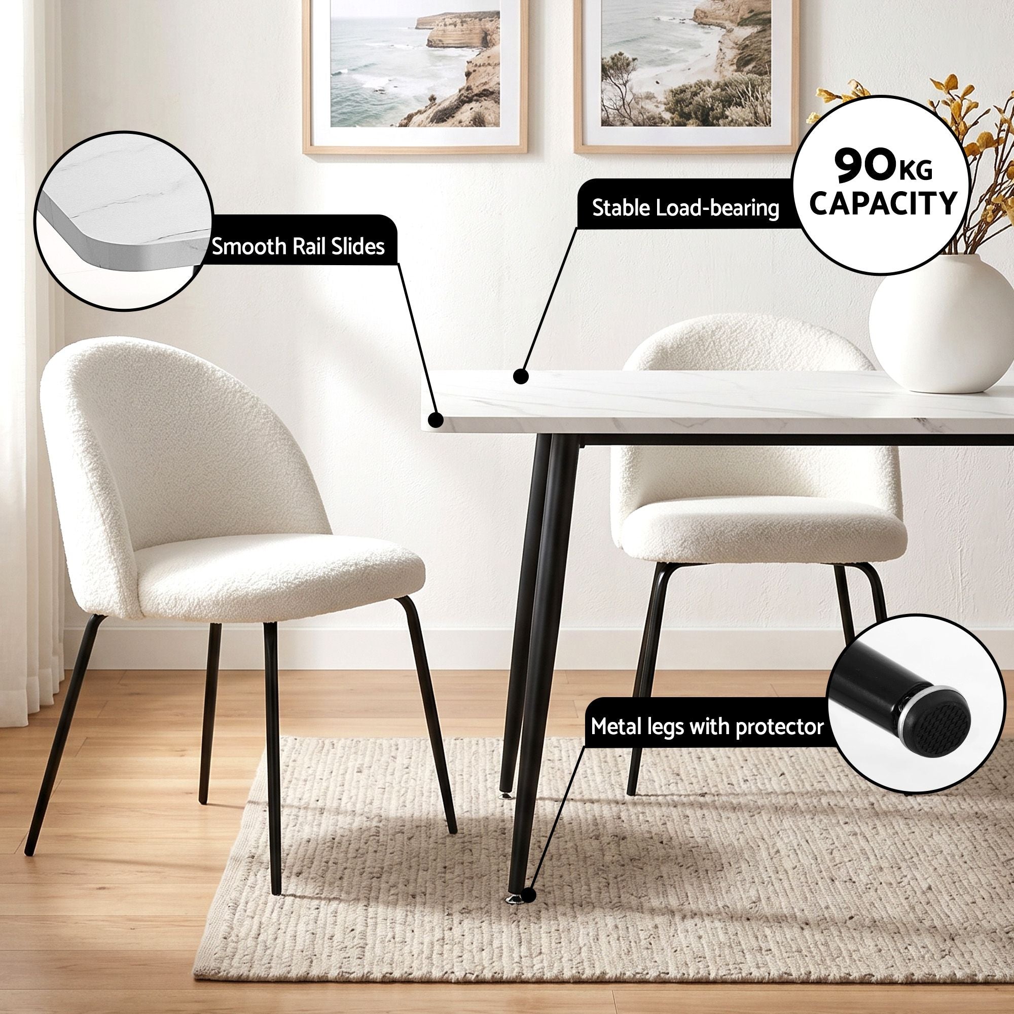 Dining Table and 4 Chairs Set White Marble Style
