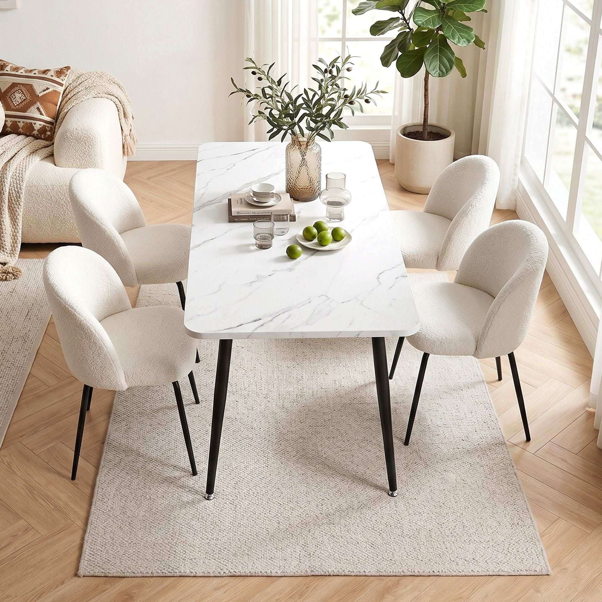 Dining Table and 4 Chairs Set White Marble Style
