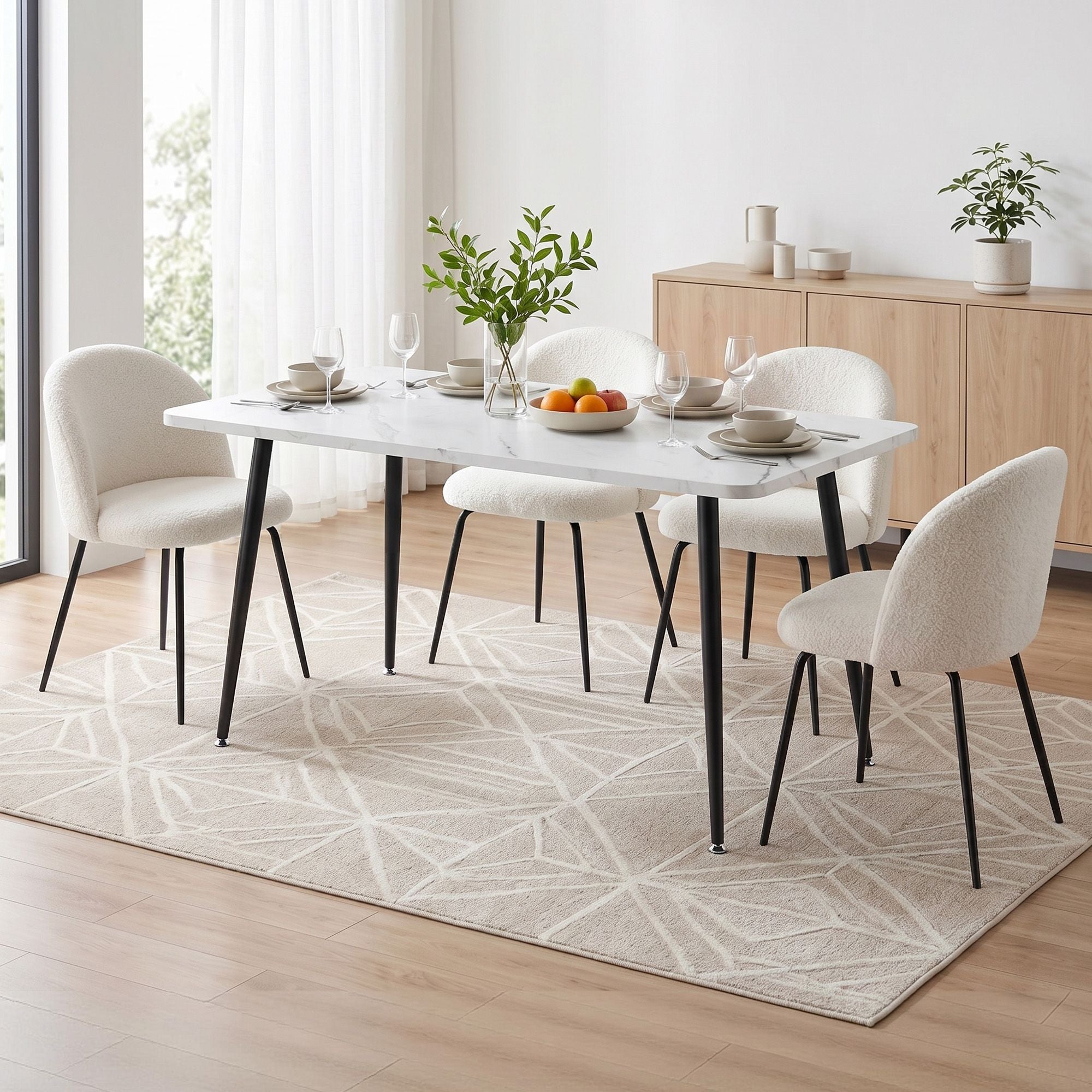 Dining Table and 4 Chairs Set White Marble Style