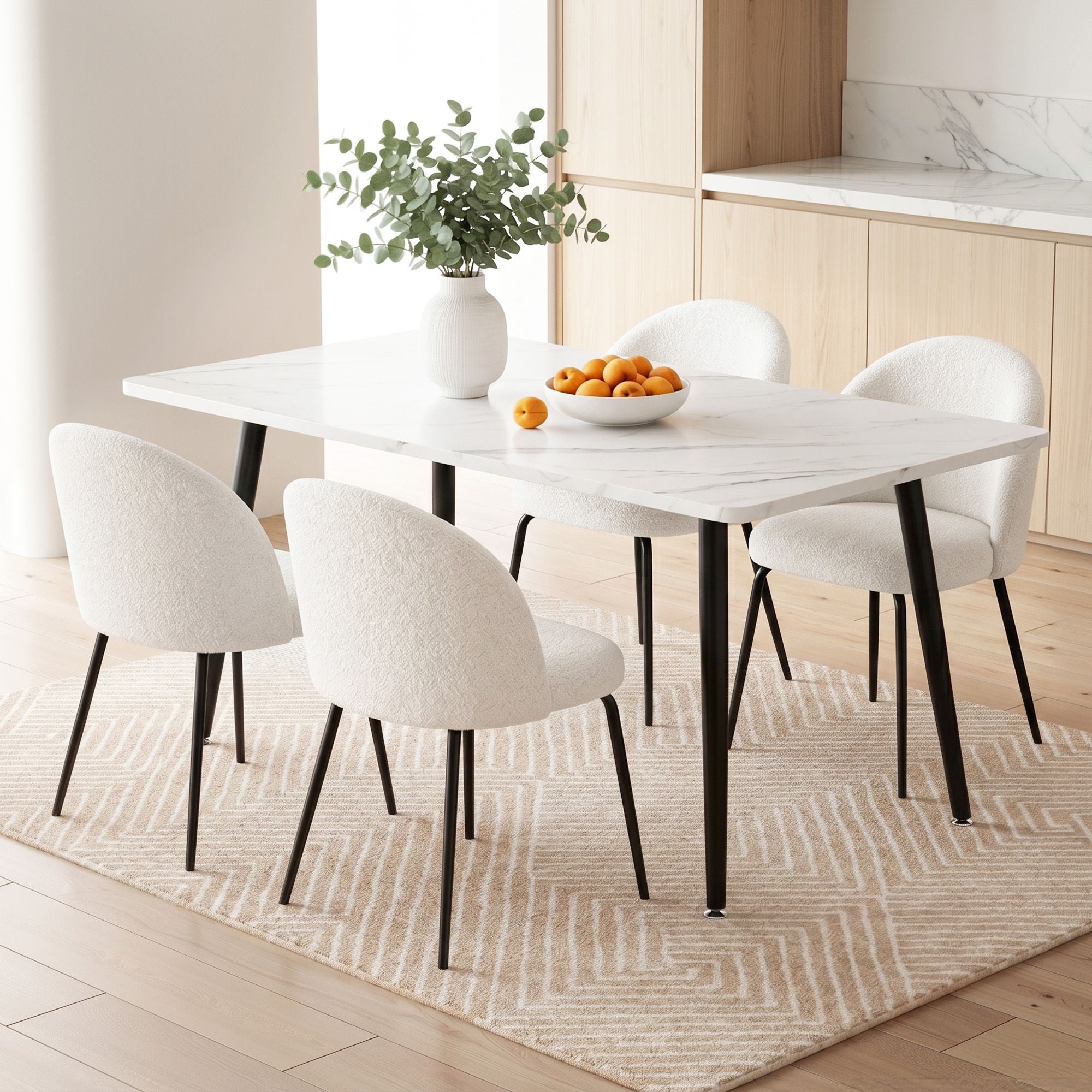 Dining Table and 4 Chairs Set White Marble Style