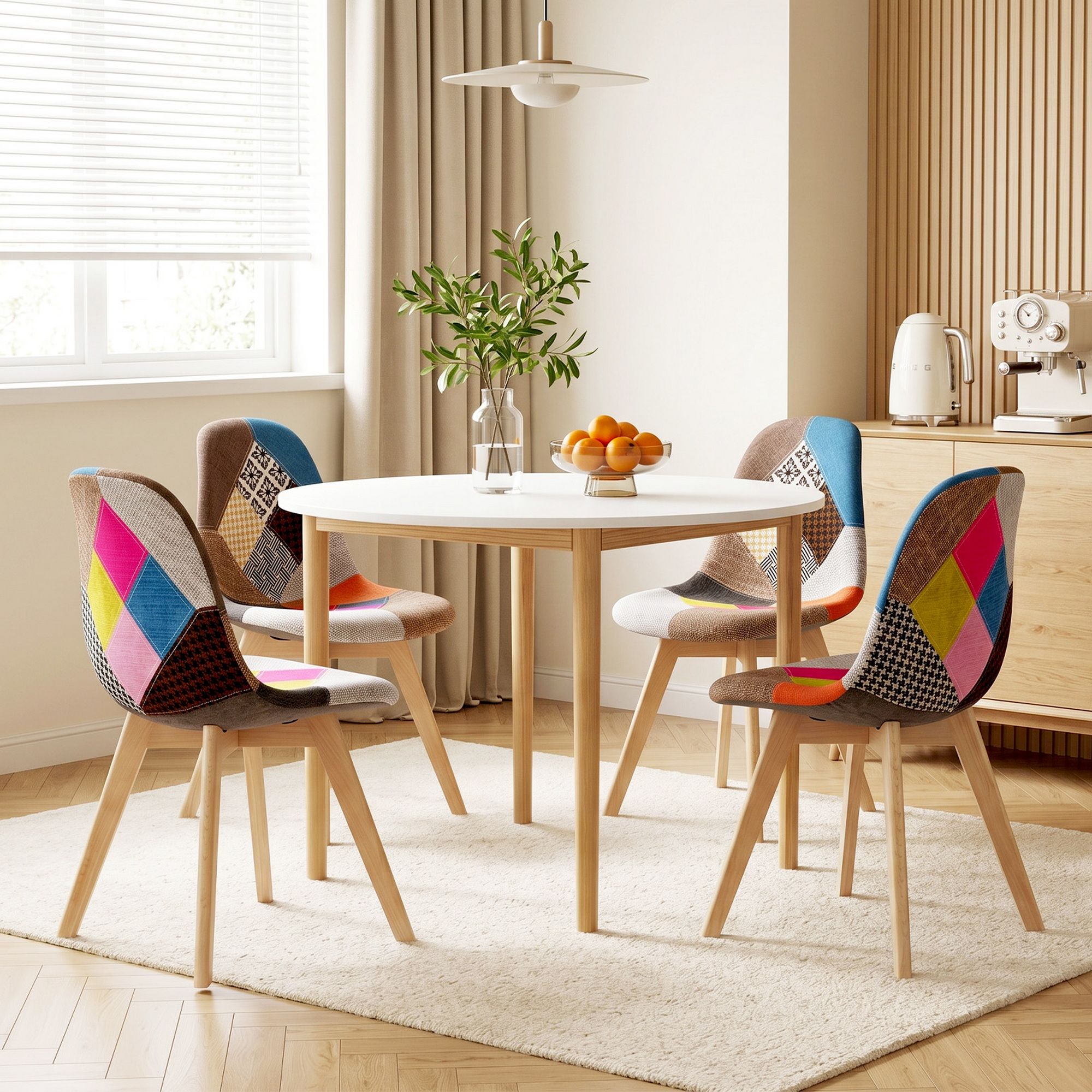 Dining Table and 4 Fabric Eiffel Chairs Set White