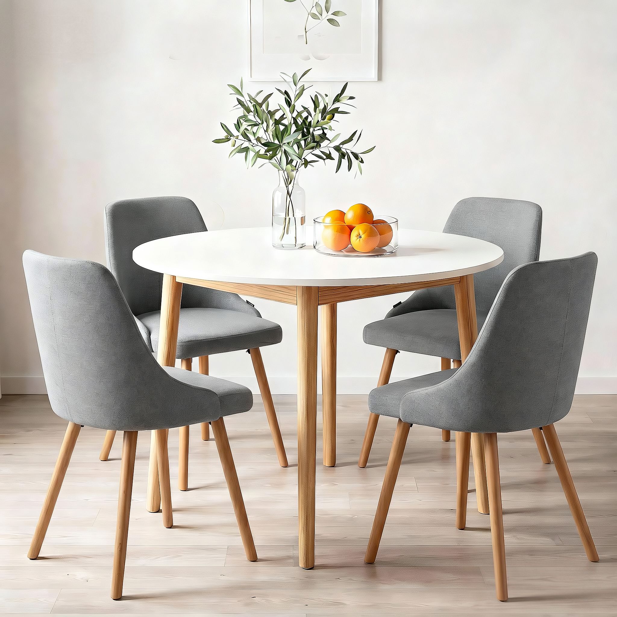 Round Dining Table and Chairs Set 5pcs Compact Kitchen Furniture White Natural Wood & Grey