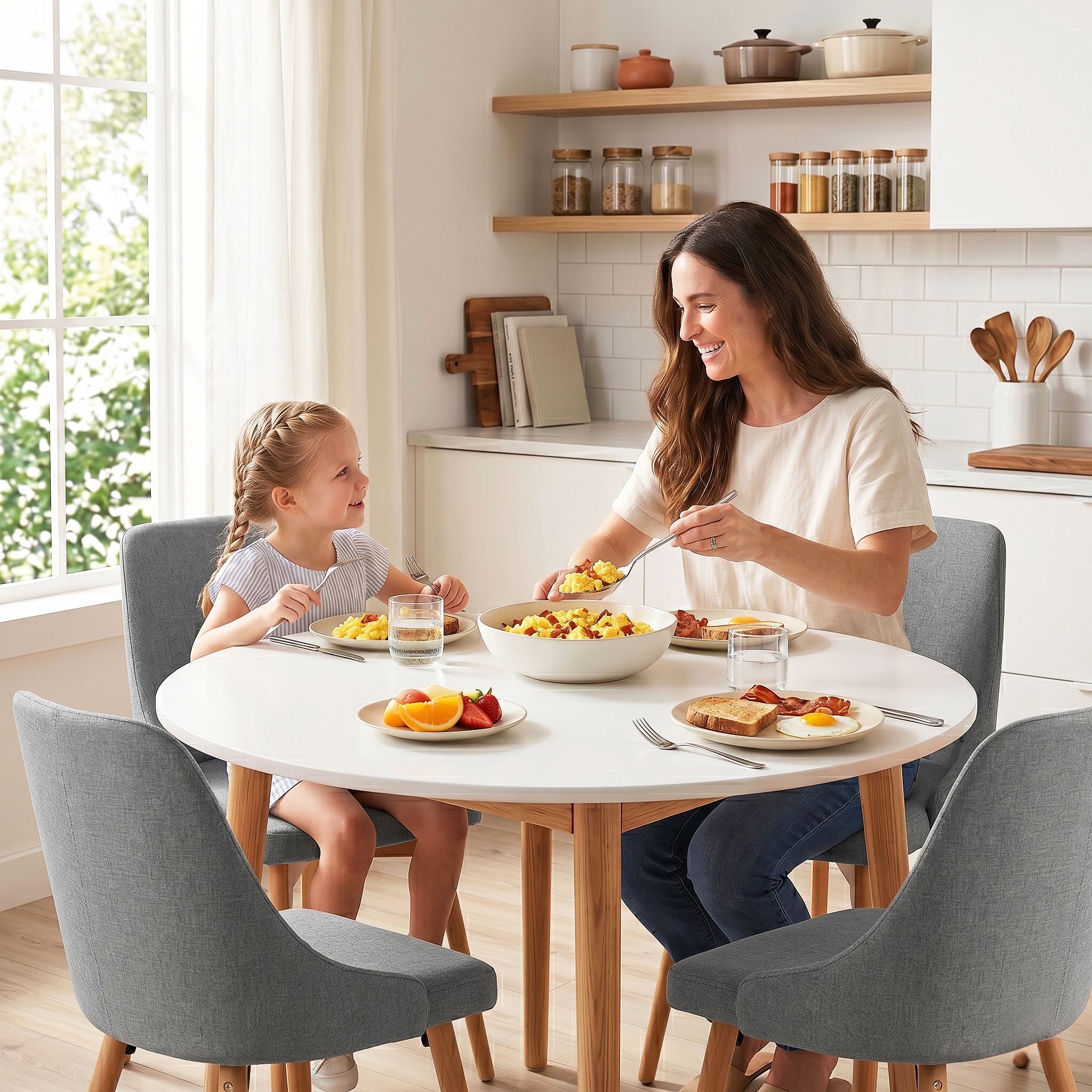 Round Dining Table and Chairs Set 5pcs Compact Kitchen Furniture White Natural Wood & Grey