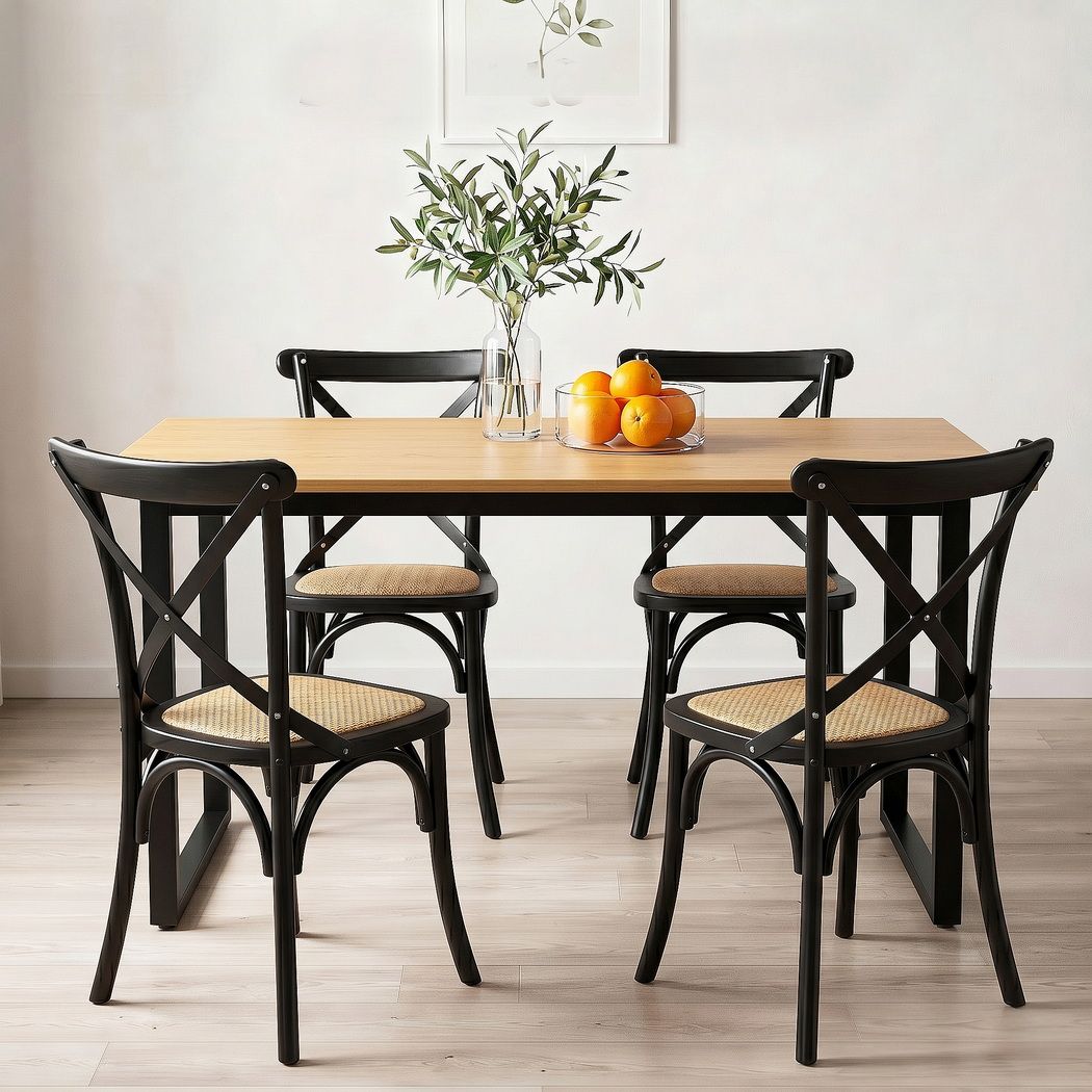 Dining Table and Chairs Set 5PCS Industrial 4 Black Rattan Chairs for Kitchen, Dining Room, Café