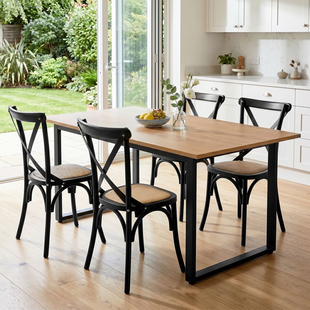 Dining Table and Chairs Set 5PCS Industrial 4 Black Rattan Chairs for Kitchen, Dining Room, Café