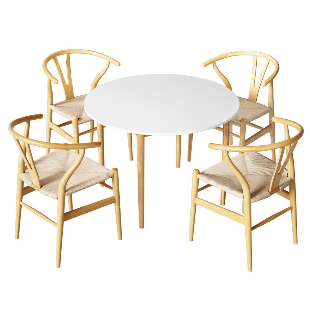 1 Dining Table and 4 Chairs Set Wishbone Wood