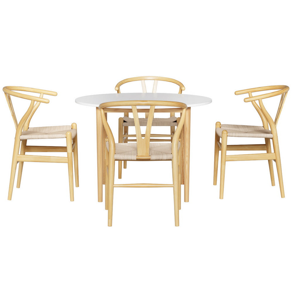 1 Dining Table and 4 Chairs Set Wishbone Wood