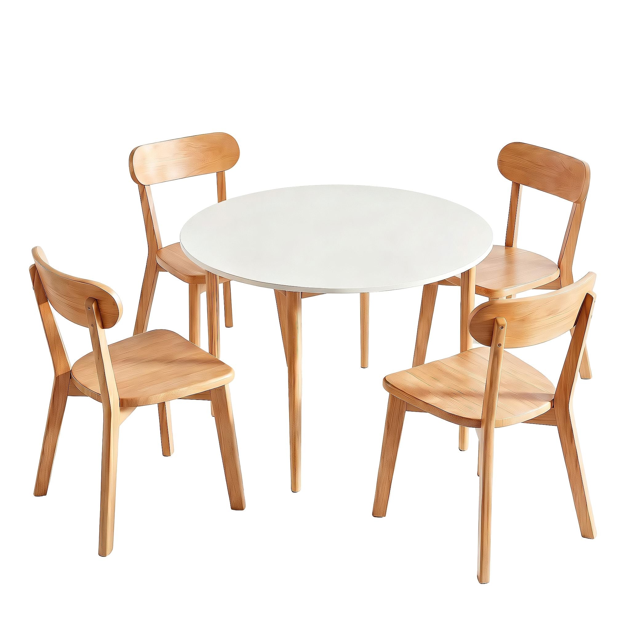 Round Dining Table and Chairs Set 5 PCS, 108cm Compact Kitchen Table Set with Solid Pine Wood Legs & 4 Ergonomic Rubber Wood Chairs,White Timber Dining Set for Small Space