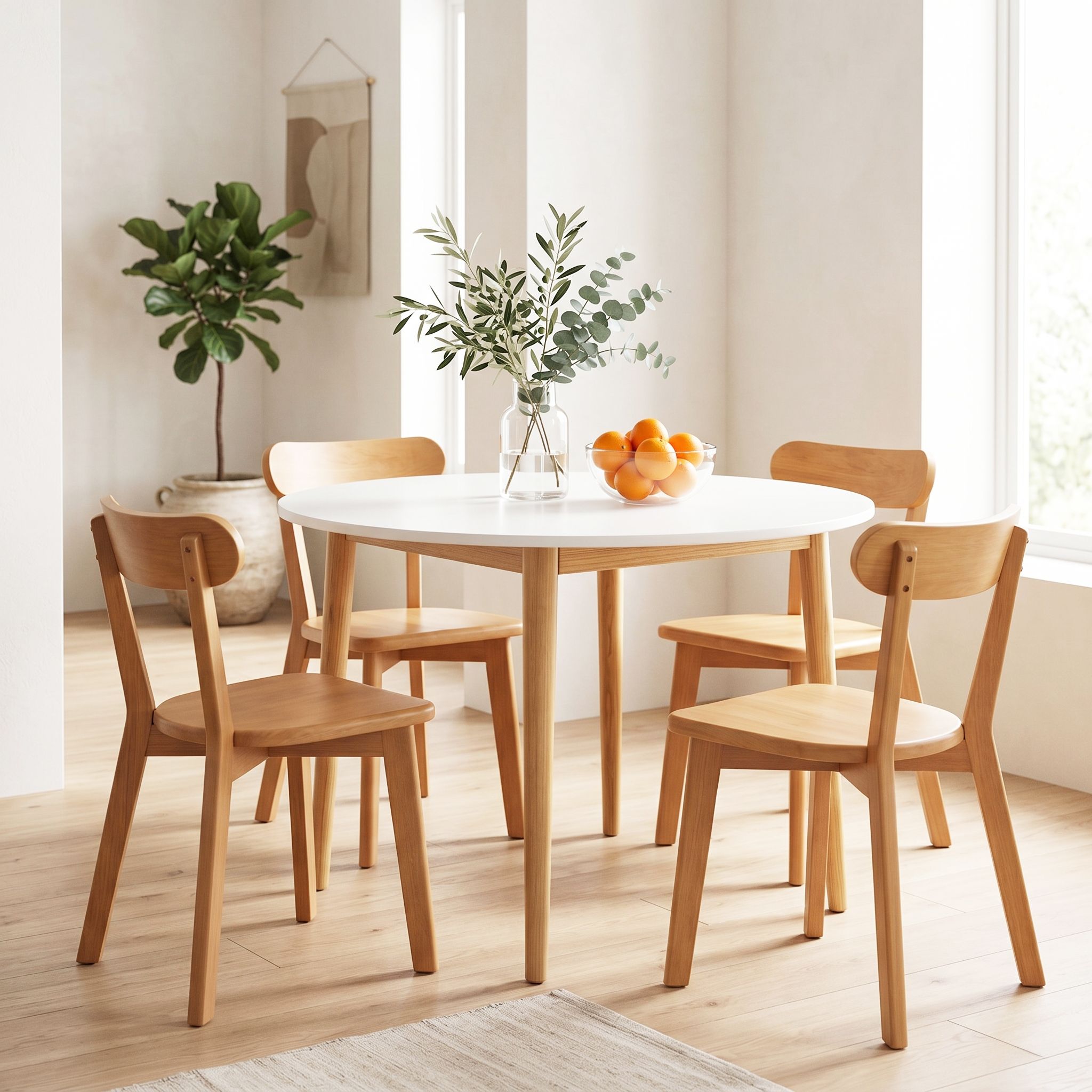 Round Dining Table and Chairs Set 5 PCS, 108cm Compact Kitchen Table Set with Solid Pine Wood Legs & 4 Ergonomic Rubber Wood Chairs,White Timber Dining Set for Small Space