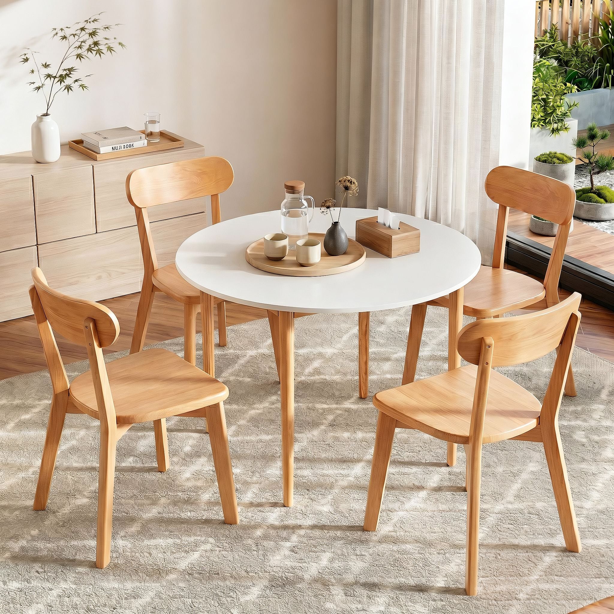Round Dining Table and Chairs Set 5 PCS, 108cm Compact Kitchen Table Set with Solid Pine Wood Legs & 4 Ergonomic Rubber Wood Chairs,White Timber Dining Set for Small Space