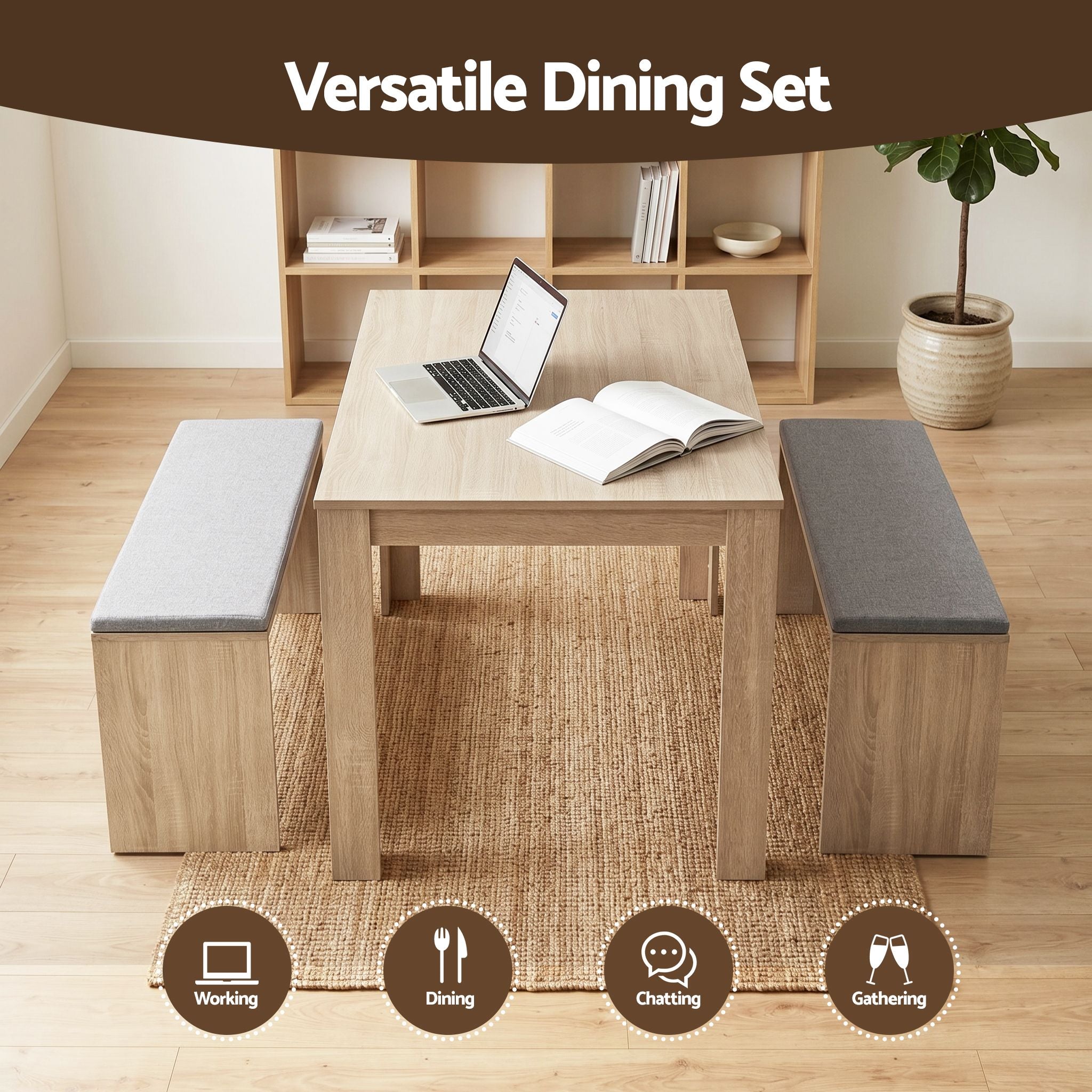 3 Piece Dining Sets, 120cm Wooden Dining Table and 2 Upholstered Chairs Set, Space-Saving Modern Kitchen Dining Suite for Home Apartment (Oak)