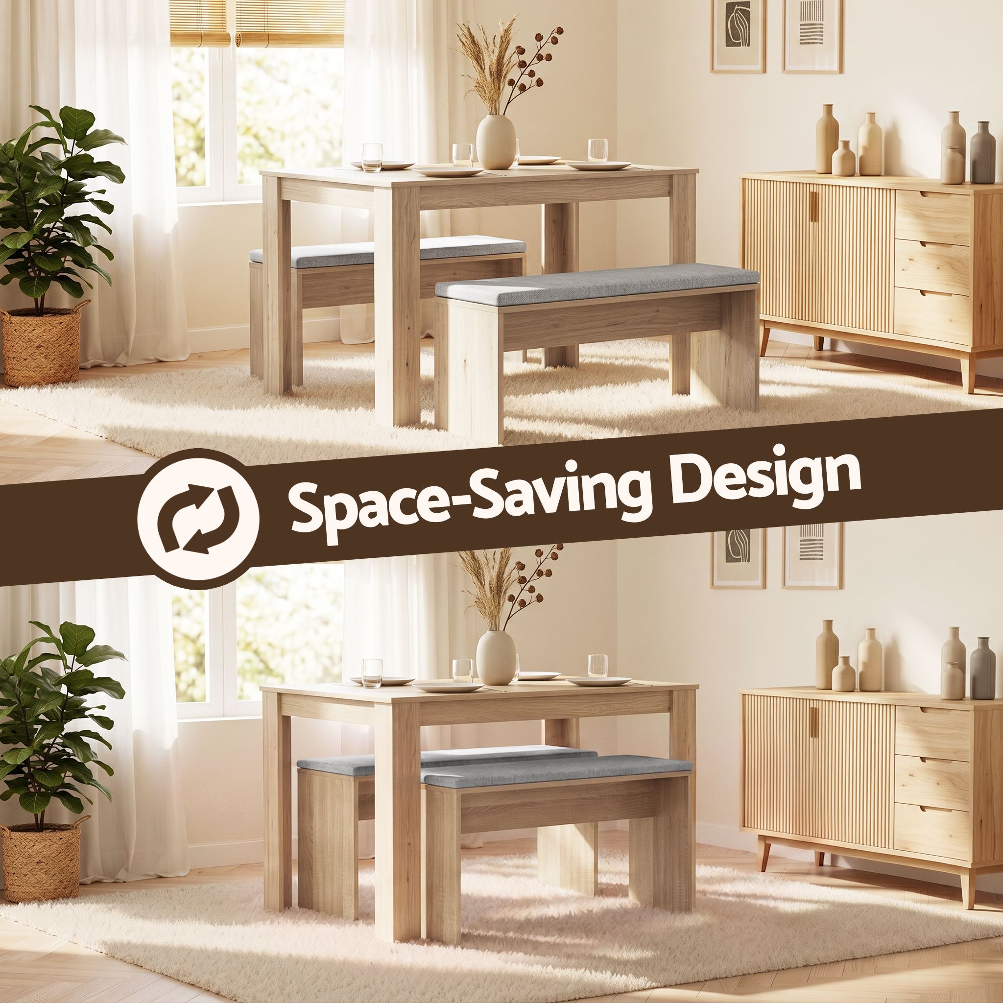 3 Piece Dining Sets, 120cm Wooden Dining Table and 2 Upholstered Chairs Set, Space-Saving Modern Kitchen Dining Suite for Home Apartment (Oak)