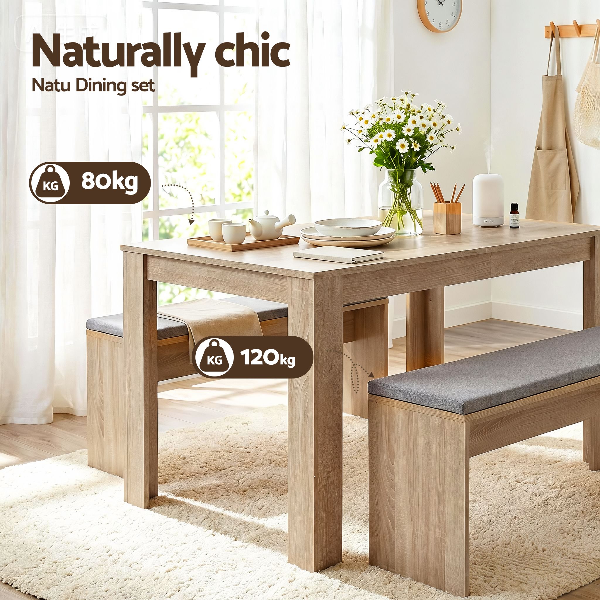3 Piece Dining Sets, 120cm Wooden Dining Table and 2 Upholstered Chairs Set, Space-Saving Modern Kitchen Dining Suite for Home Apartment (Oak)