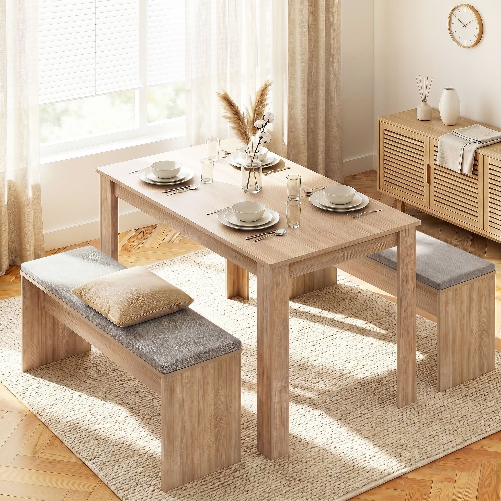 3 Piece Dining Sets, 120cm Wooden Dining Table and 2 Upholstered Chairs Set, Space-Saving Modern Kitchen Dining Suite for Home Apartment (Oak)