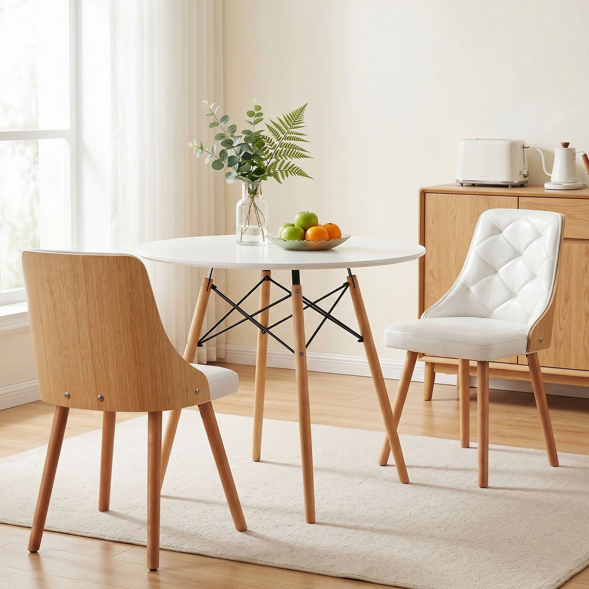 Dining Table and Chairs Set 3PCS 90cm 2 Seater Round Dining Set for Kitchen, Apartment, Dining Room White