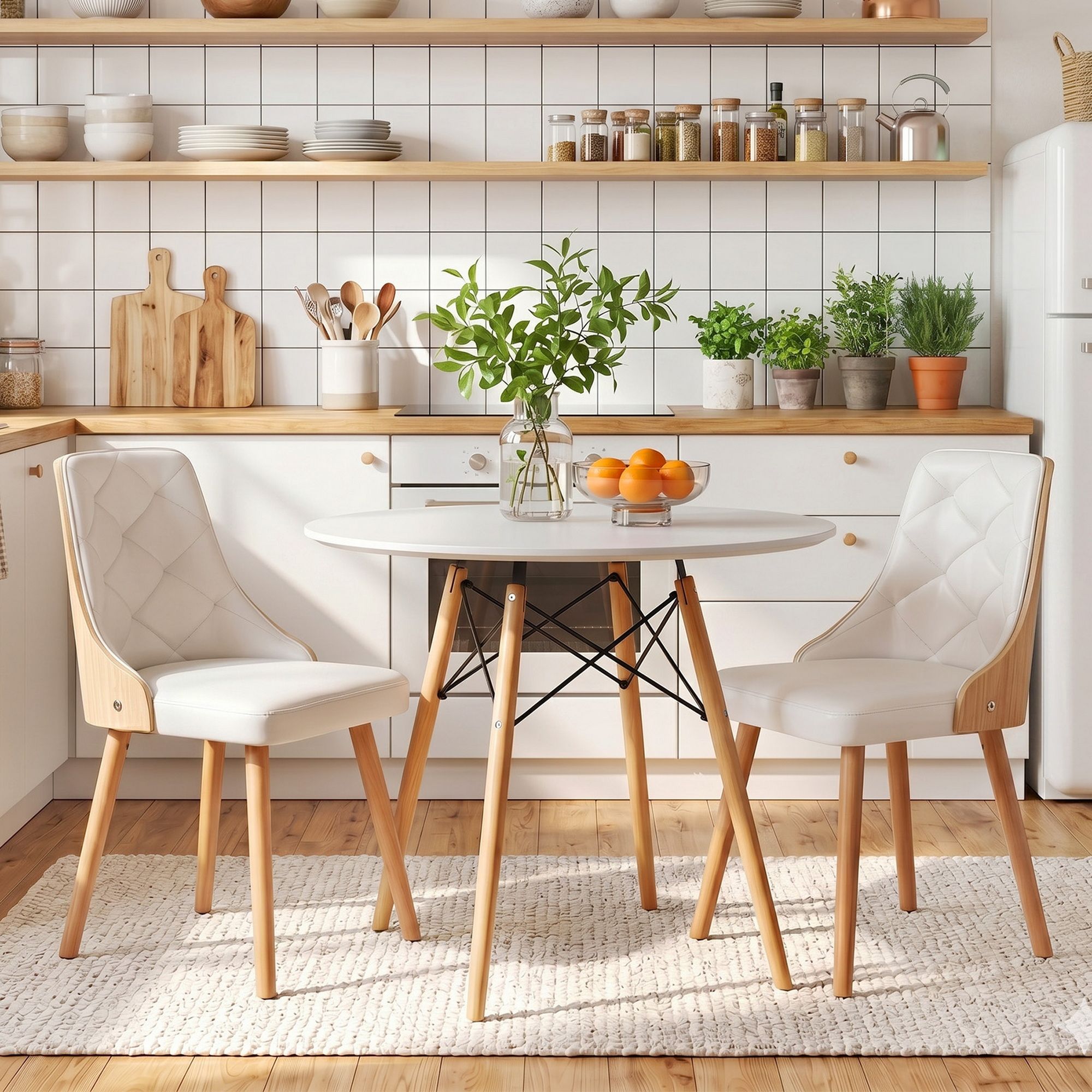 Dining Table and Chairs Set 3PCS 90cm 2 Seater Round Dining Set for Kitchen, Apartment, Dining Room White