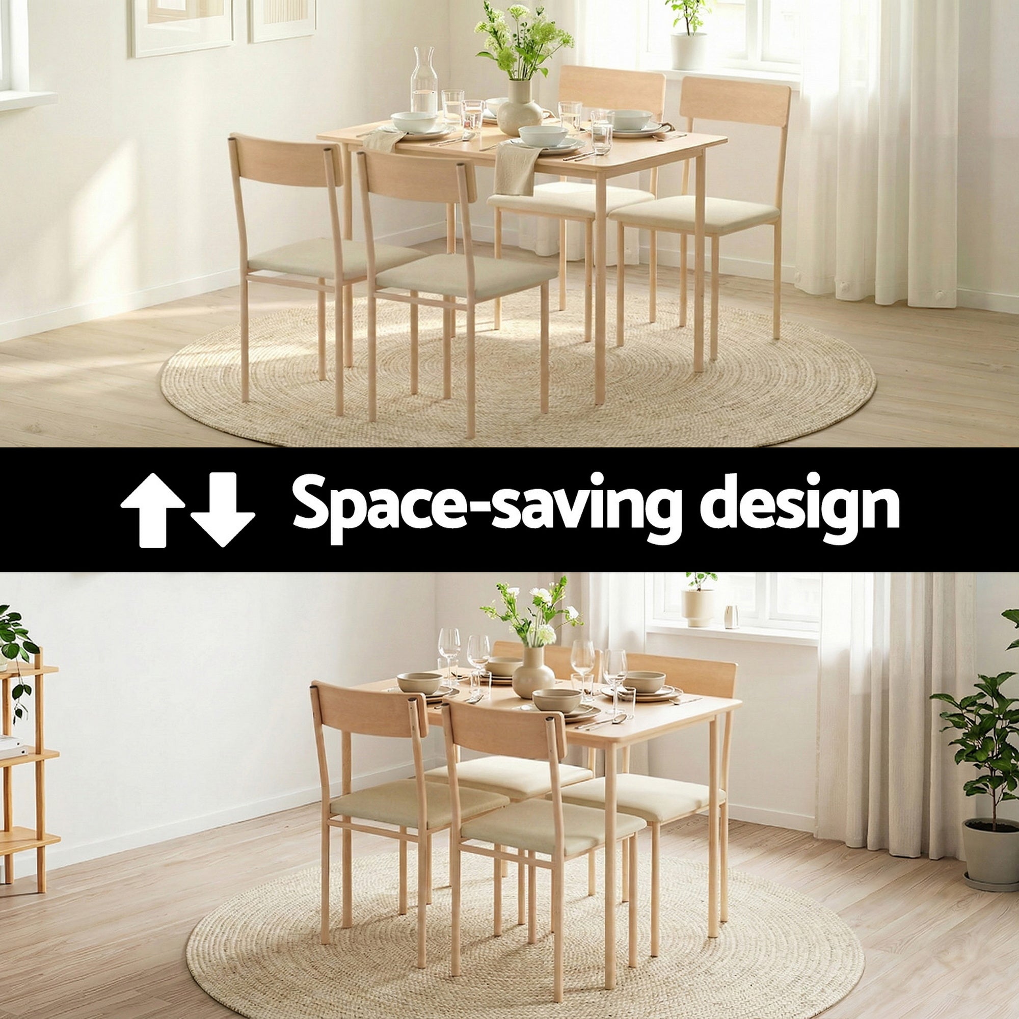 Dining Table and 4 Chairs Set Compact Kitchen Furniture 110cm - Natural Beige