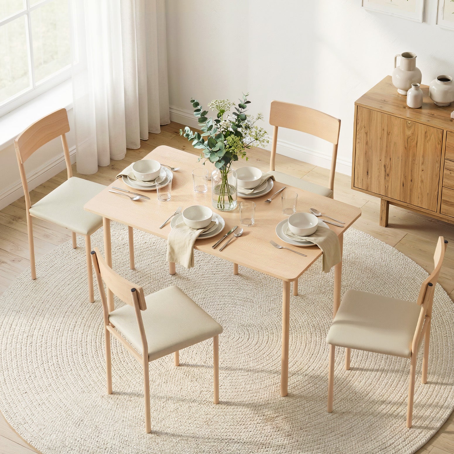 Dining Table and 4 Chairs Set Compact Kitchen Furniture 110cm - Natural Beige