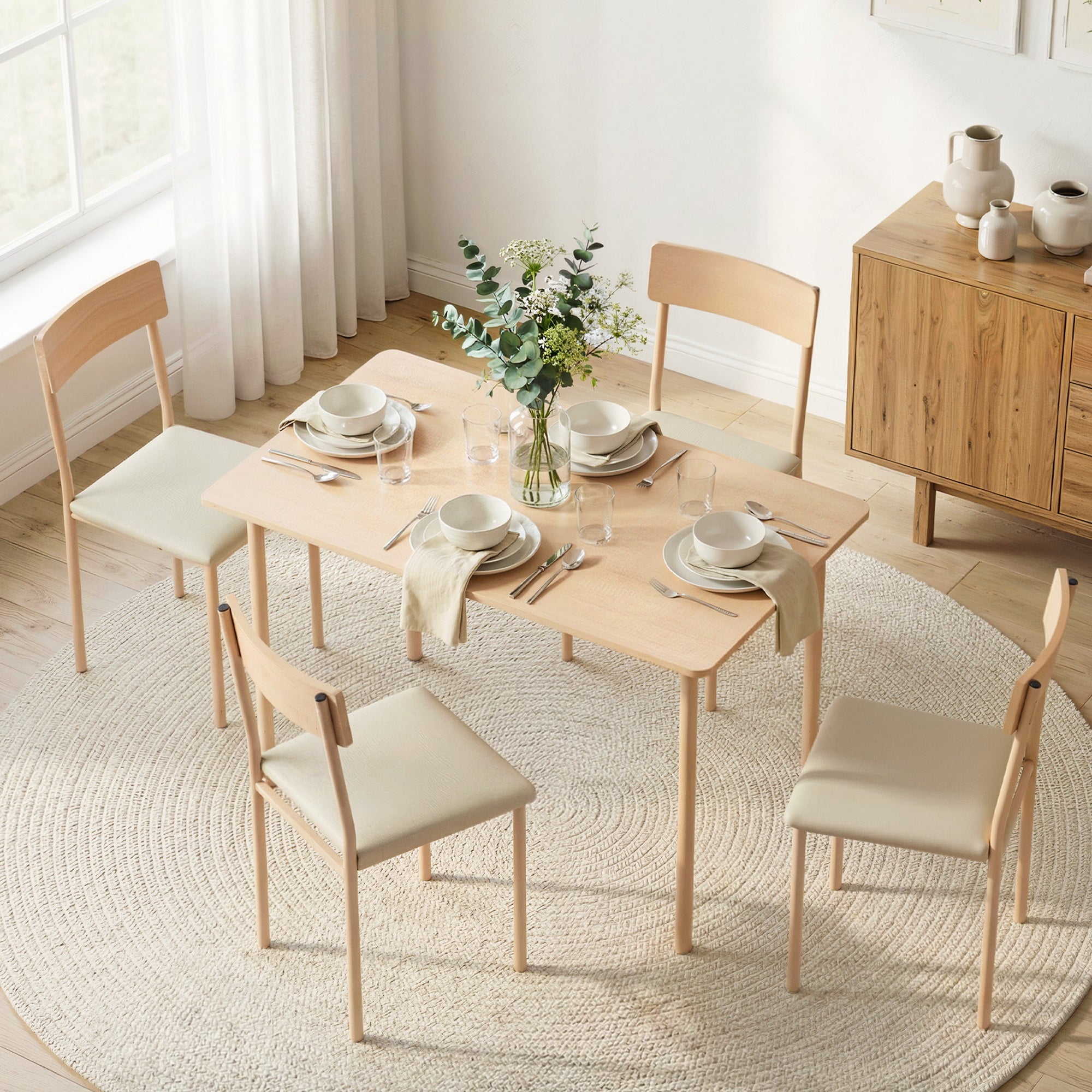 Dining Table and 4 Chairs Set Compact Kitchen Furniture 110cm - Natural Beige