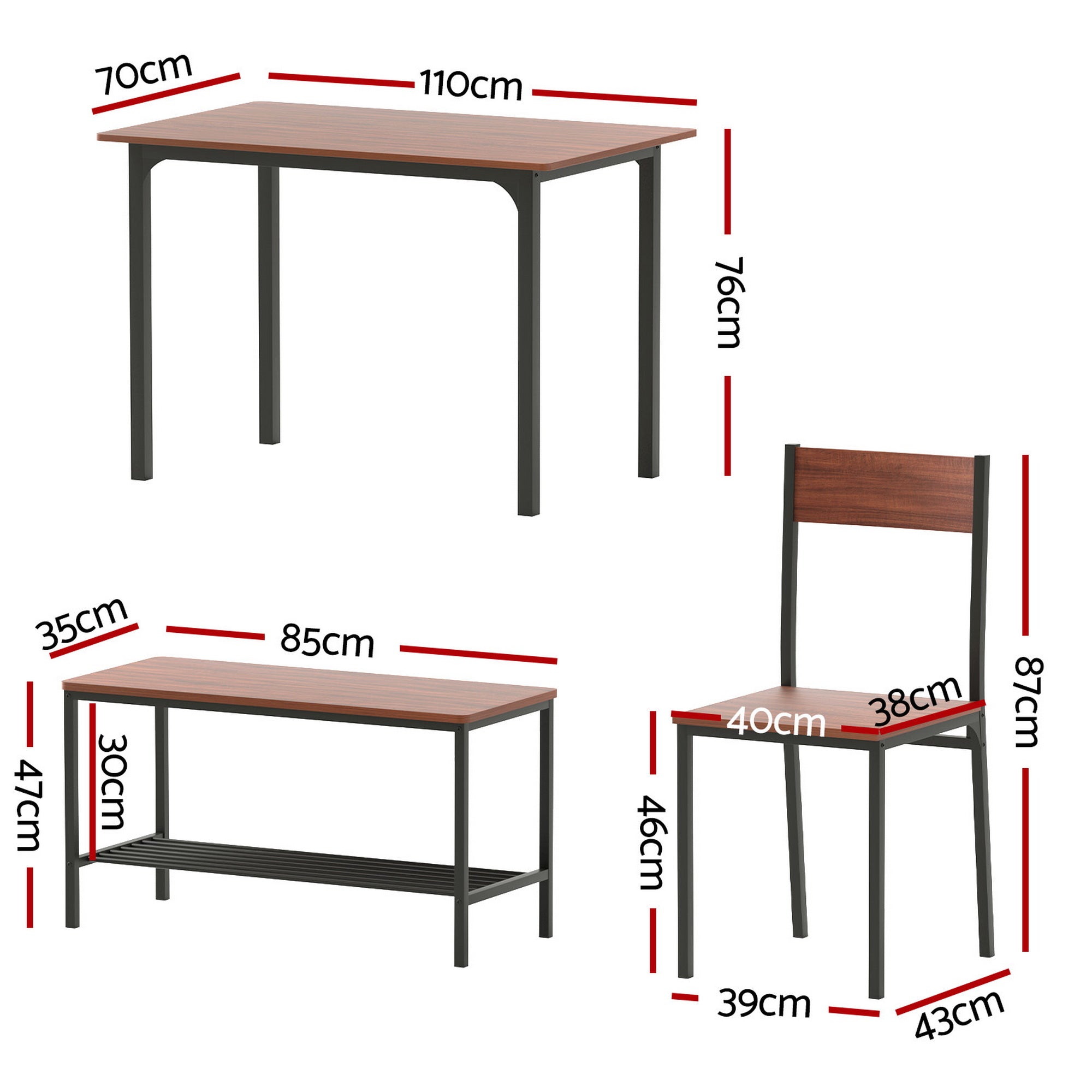 Dining Table and Chairs Set of 4 with Storage Bench - Walnut