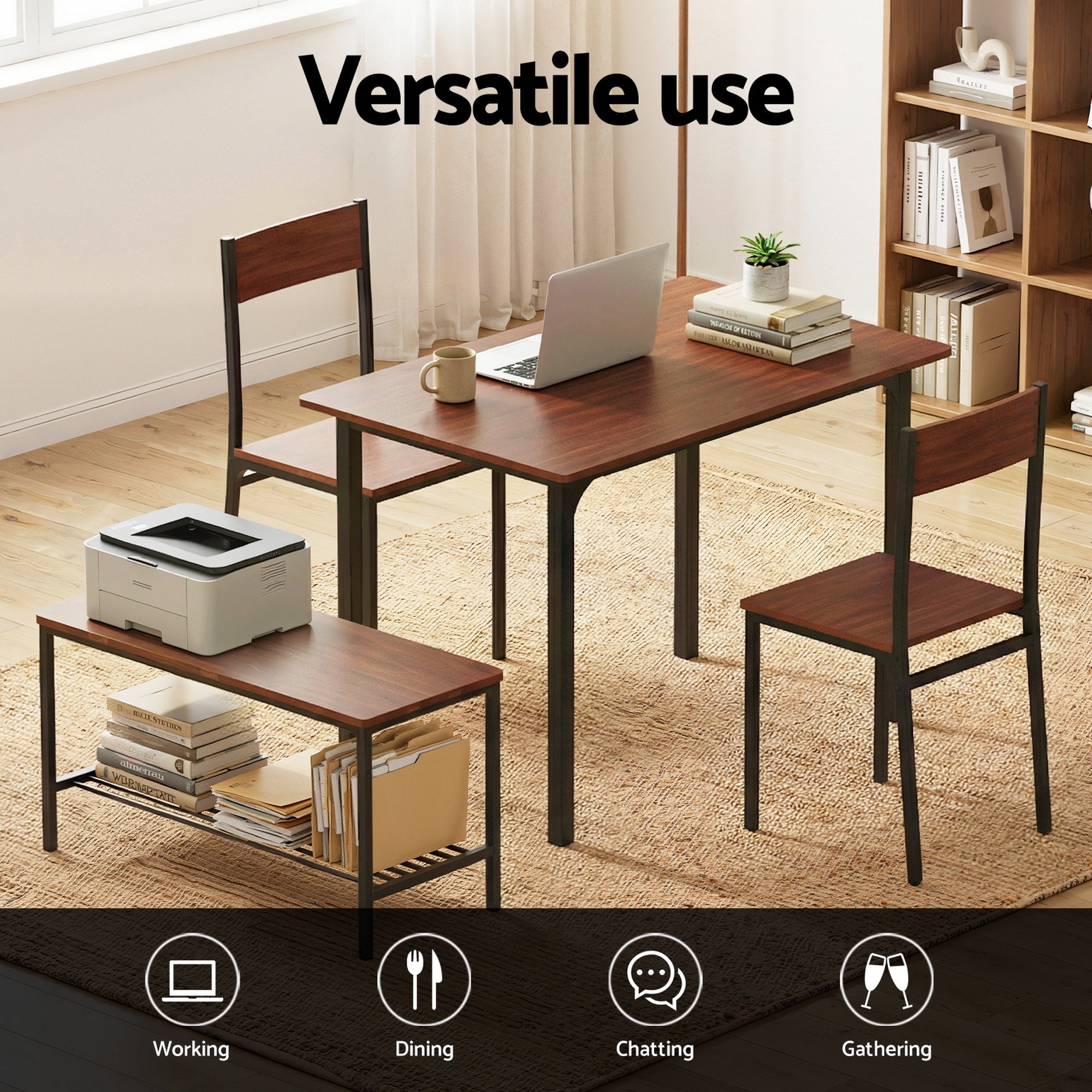 Dining Table and Chairs Set of 4 with Storage Bench - Walnut