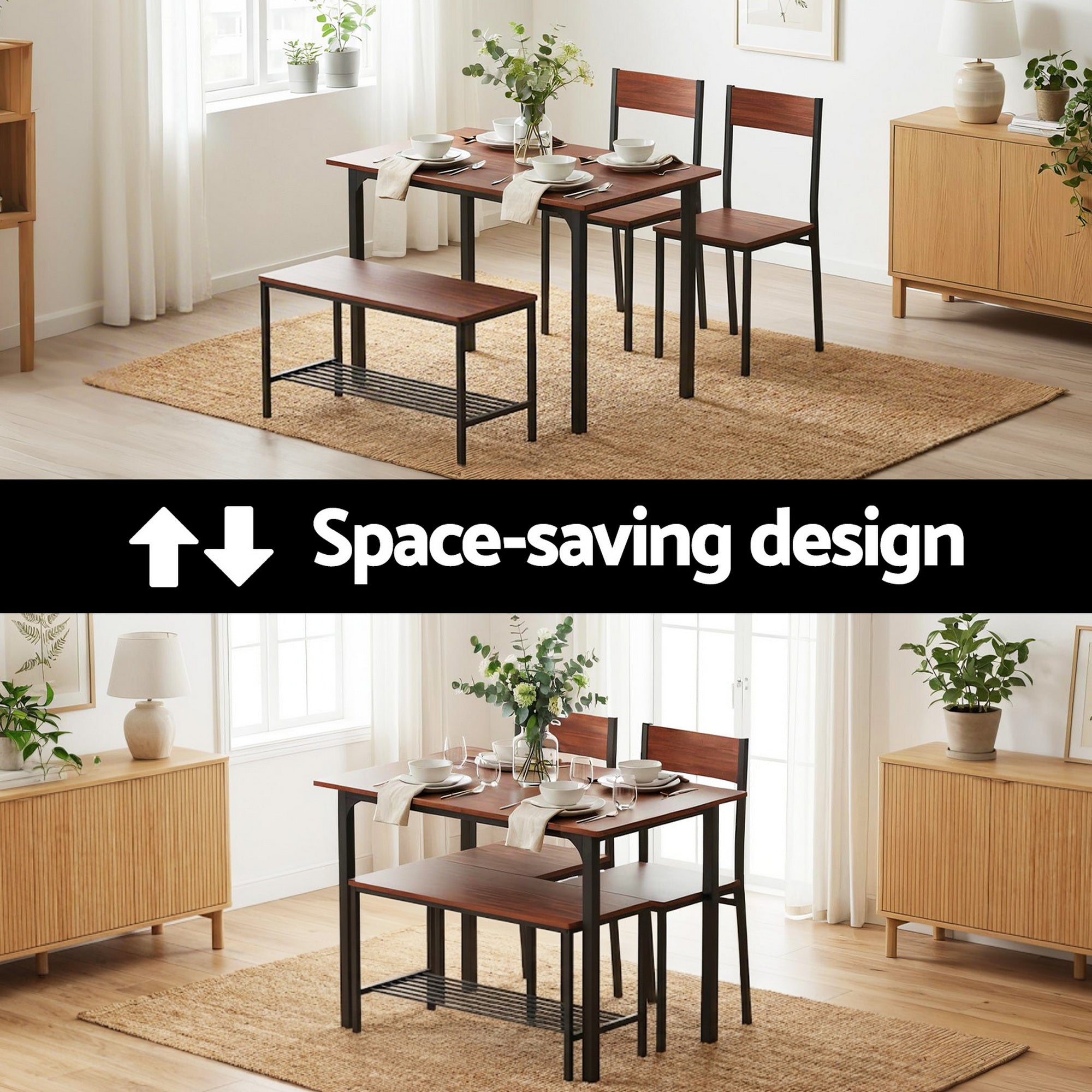 Dining Table and Chairs Set of 4 with Storage Bench - Walnut