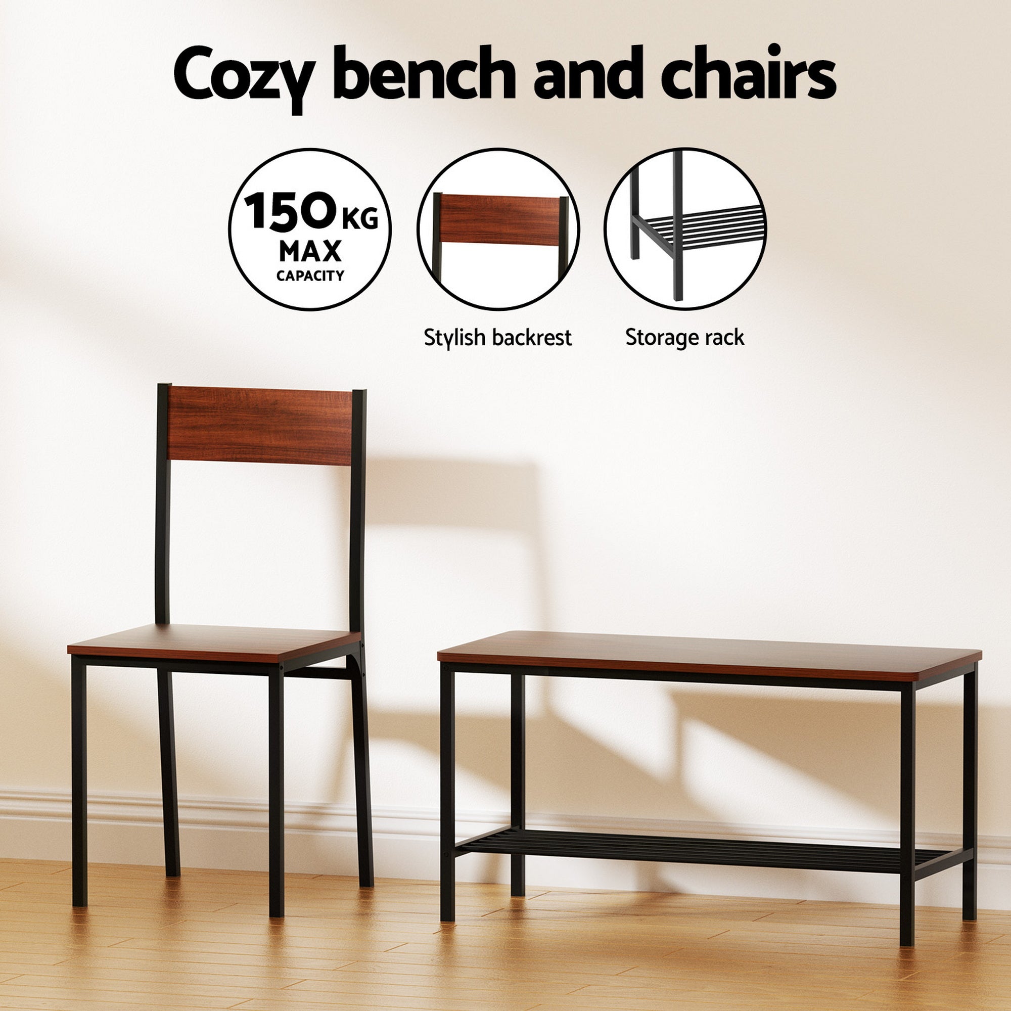 Dining Table and Chairs Set of 4 with Storage Bench - Walnut