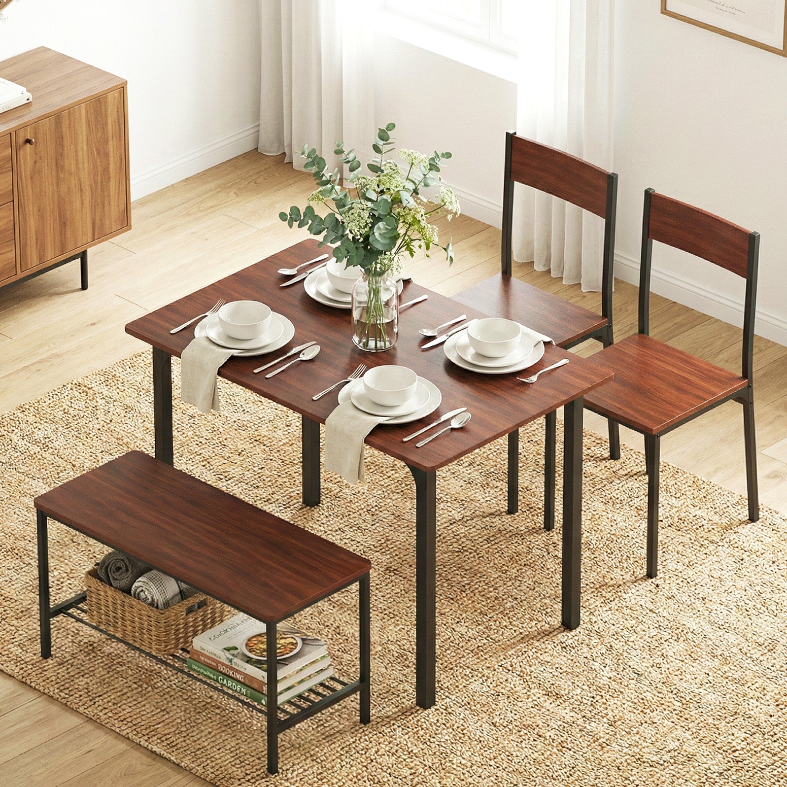 Dining Table and Chairs Set of 4 with Storage Bench - Walnut