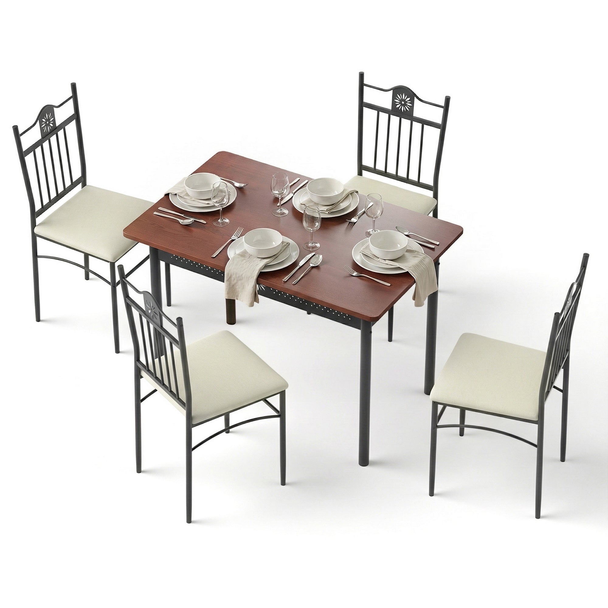 Set of 5 Compact Dining Table and Upholstered Chairs - Walnut and Black