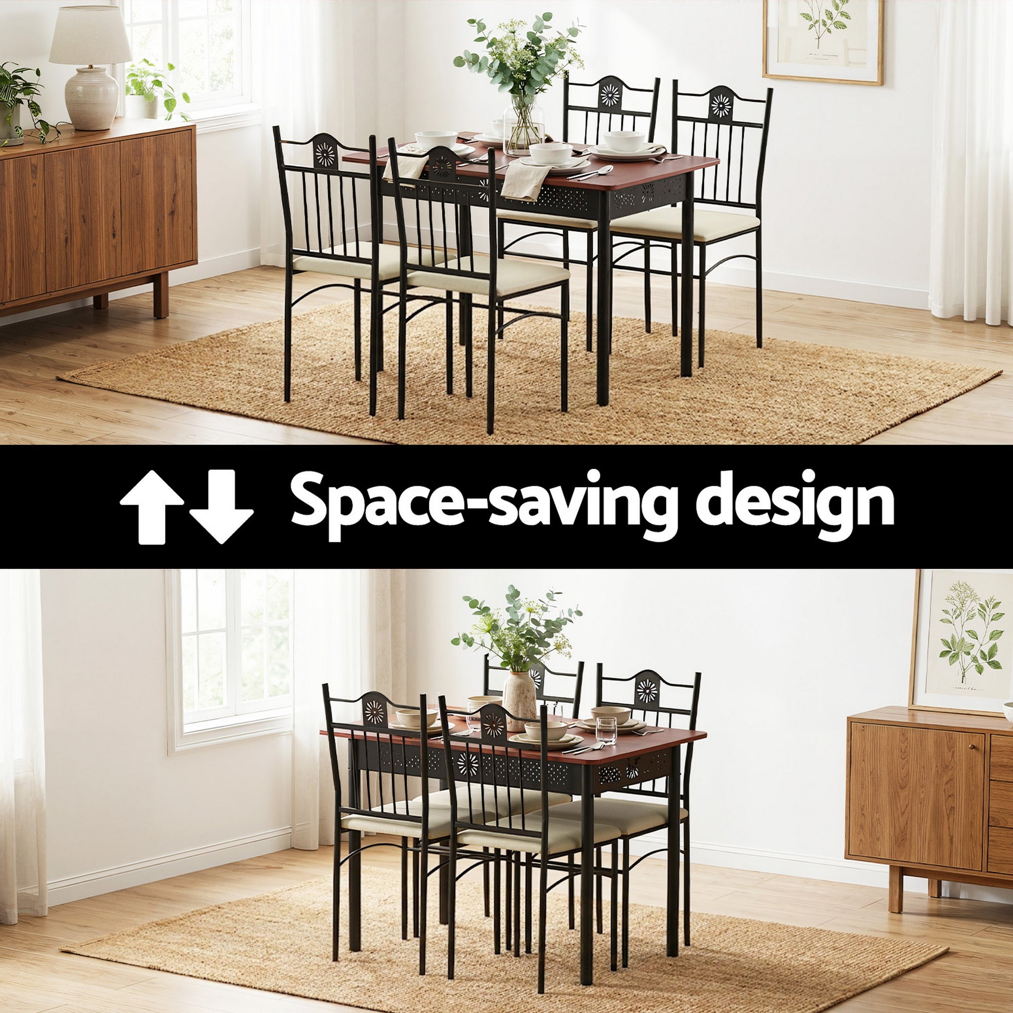 Set of 5 Compact Dining Table and Upholstered Chairs - Walnut and Black