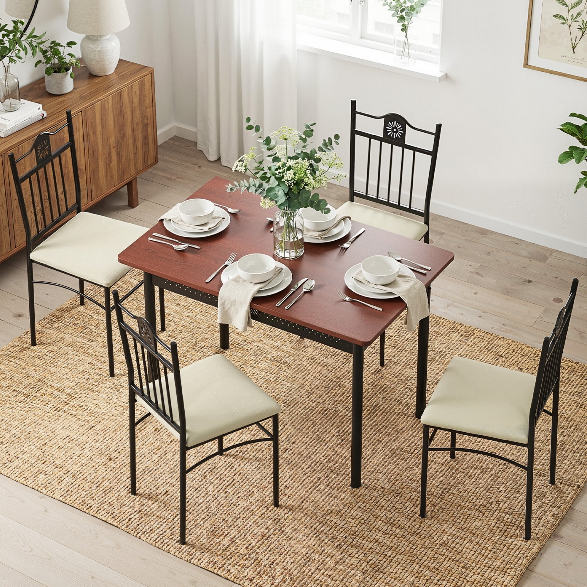 Set of 5 Compact Dining Table and Upholstered Chairs - Walnut and Black