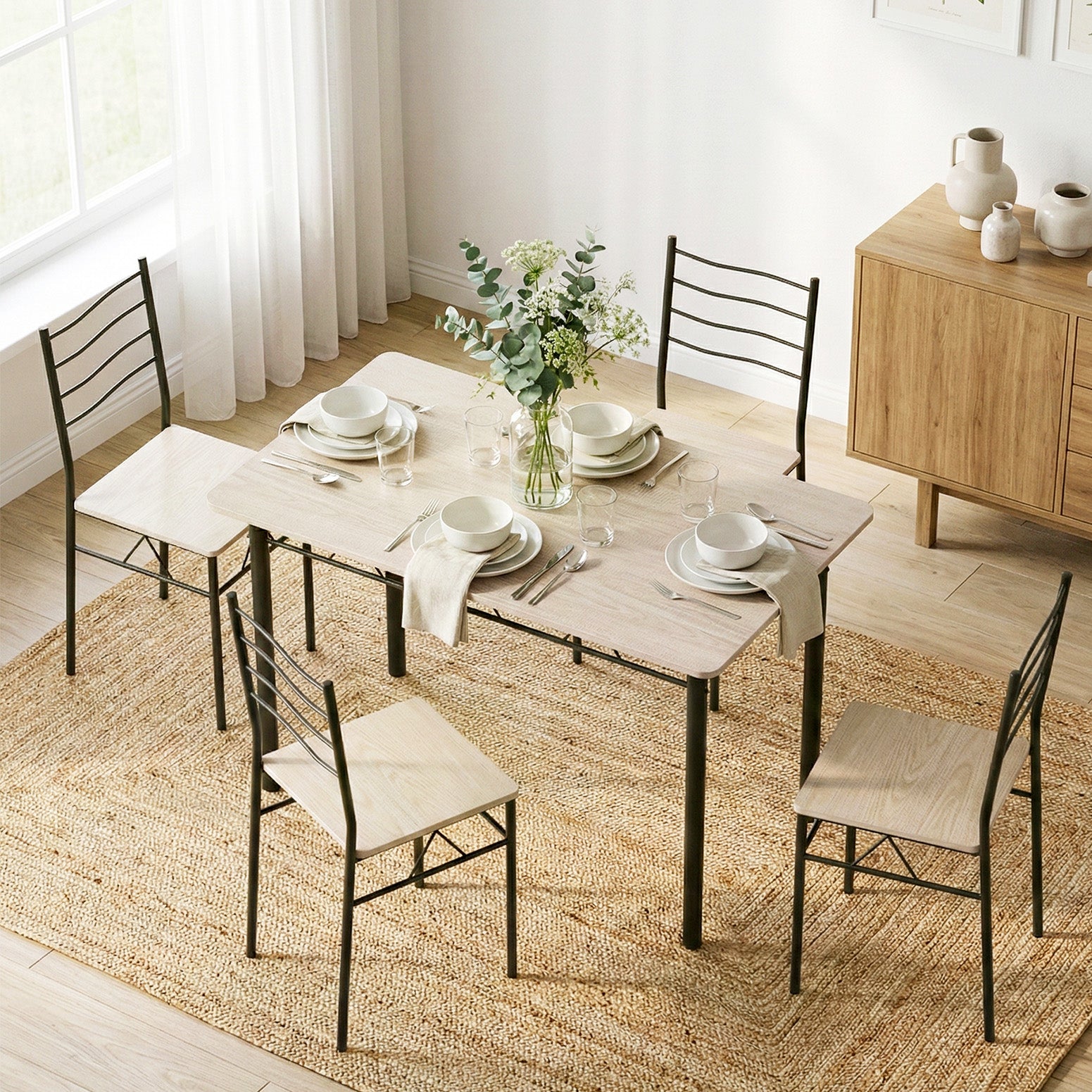 Set of 5 Dining Table and Chairs Compact Kitchen Furniture - Oak