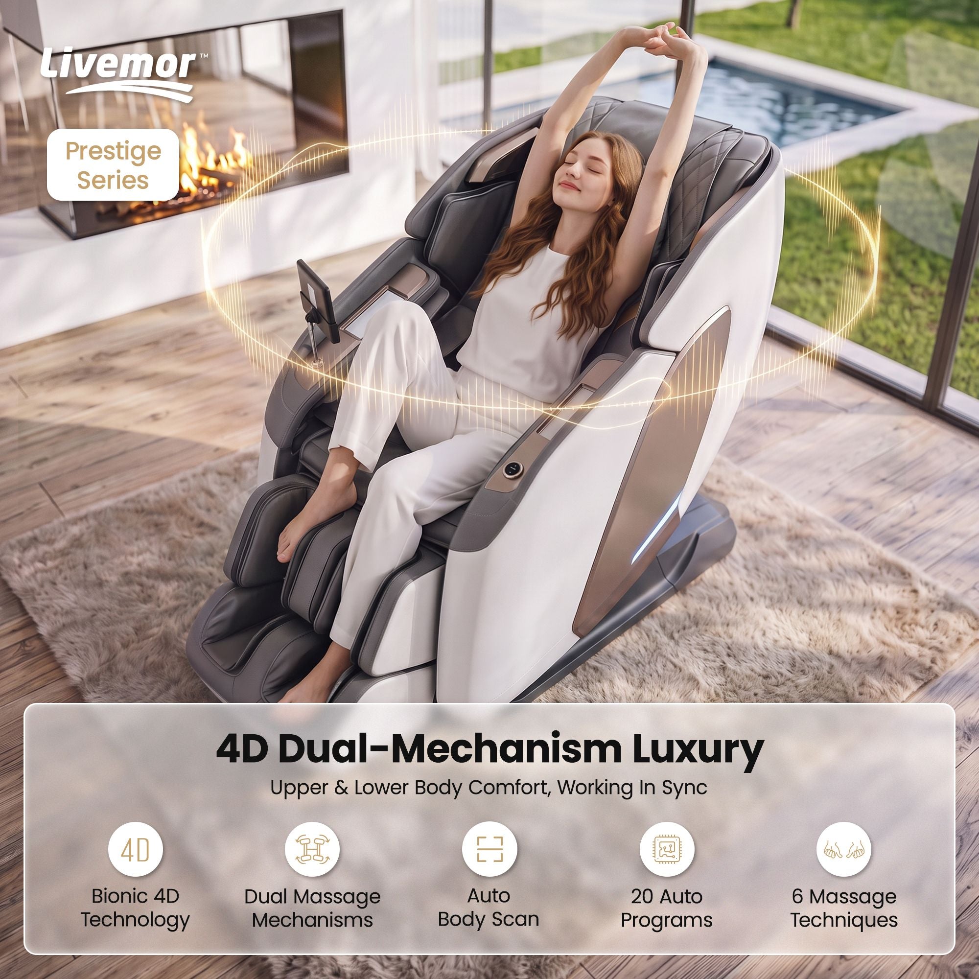 Prestige 4D Dual Mechanism Massage Chair, Full Body Zero Gravity Recliner with Extended SL Track, Body Scan, Air Compression, Waist Heating, Foot Rollers, Voice Control & Wireless Charging