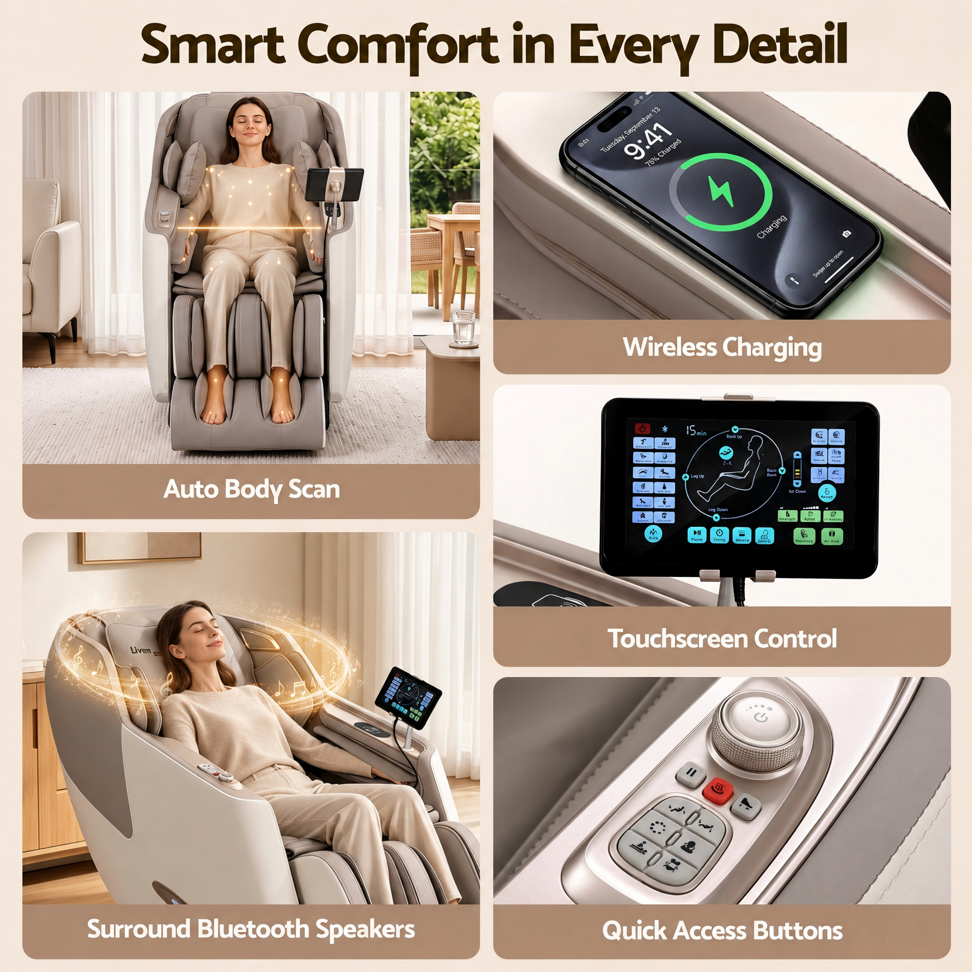 Elite 4D Massage Chair Recliner, SL Track Zero Gravity & Heat Auto Body Scan, 12 Auto Programs, 3 Zero-G Positions, Foot Rollers, Airbag Compression, Bluetooth Speaker, Wireless Charging