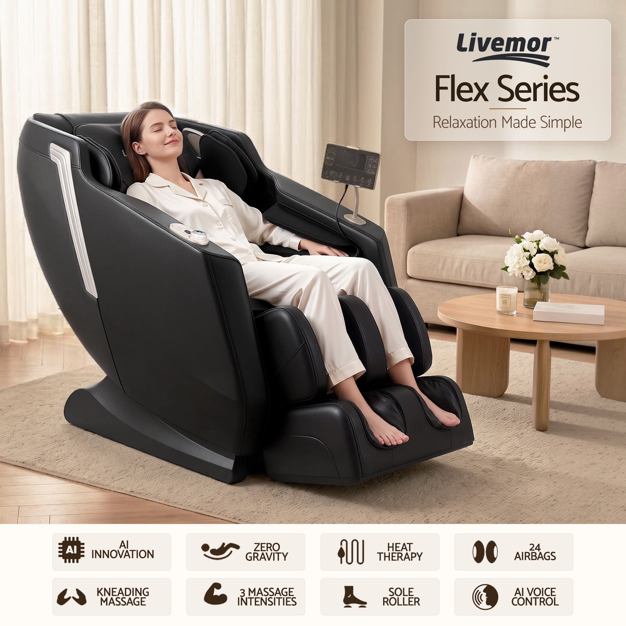 Flex Massage Chair Full Body with Heat Zero Gravity Recliner, 24 Airbags, Foot Massage, 6 Auto Programs, Voice Control, Bluetooth Speakers, Screen Control, Extendable Footrest