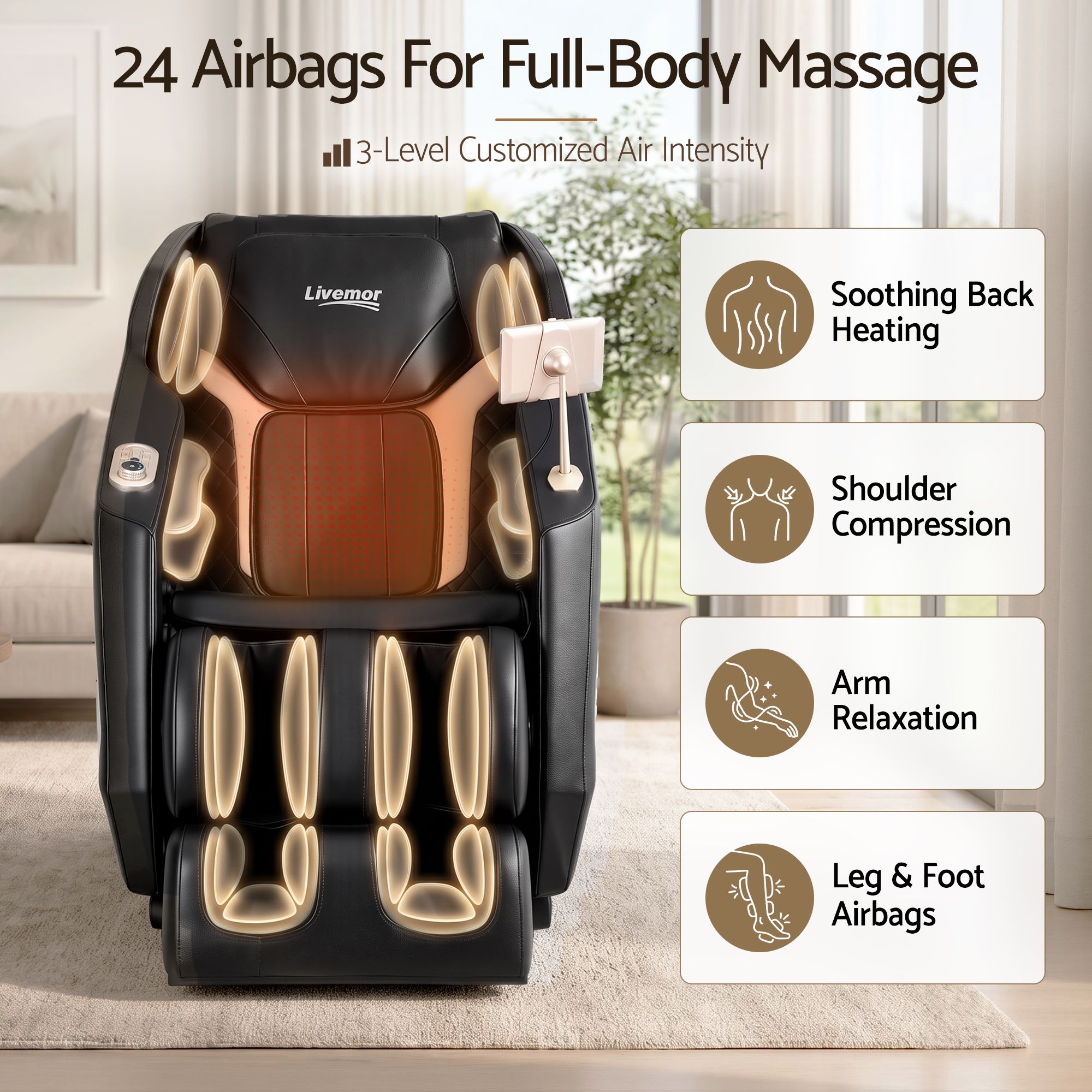 Flex Massage Chair Full Body with Heat Zero Gravity Recliner, 24 Airbags, Foot Massage, 6 Auto Programs, Voice Control, Bluetooth Speakers, Screen Control, Extendable Footrest