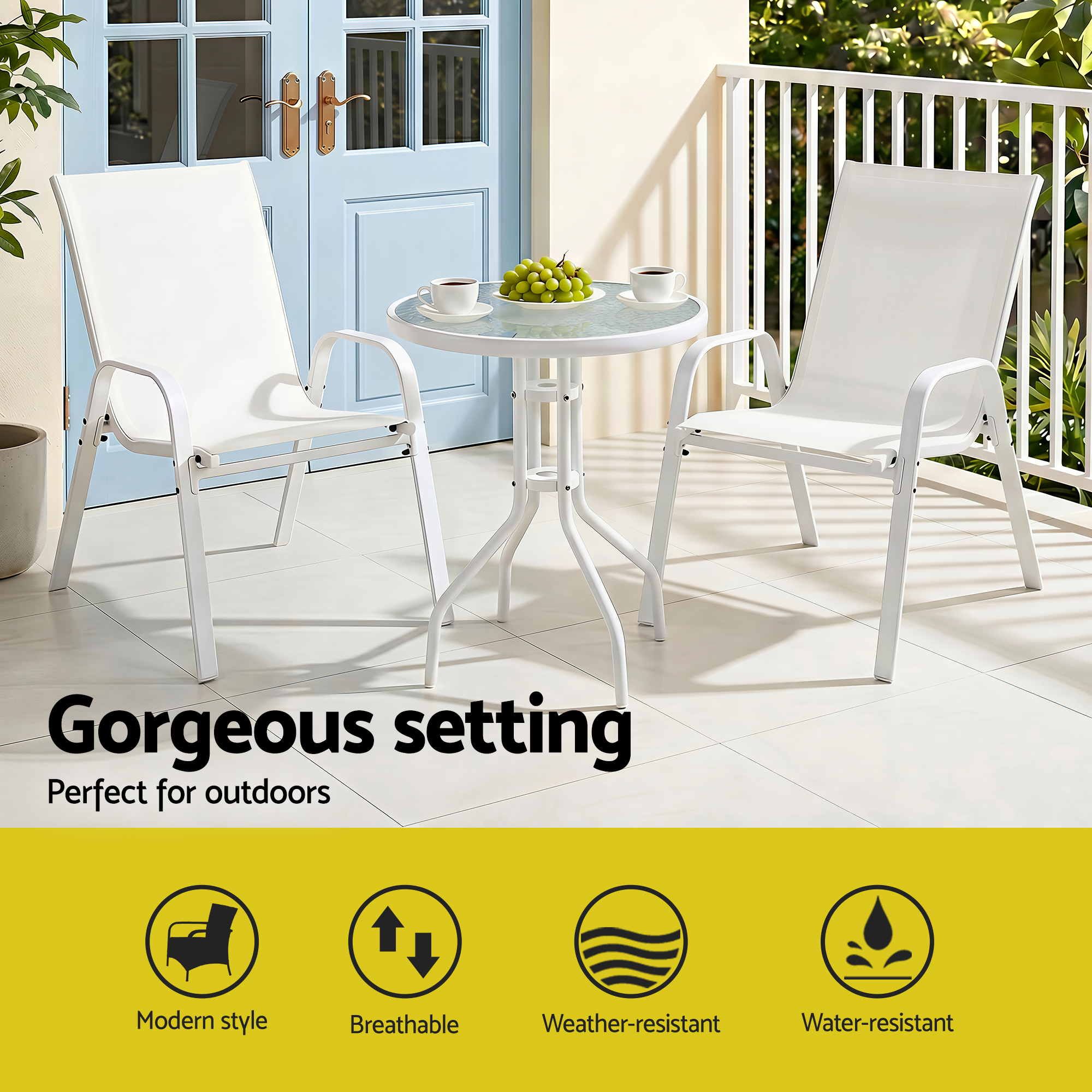 3PC Outdoor Bistro Set Table and Chairs Stackable Patio Furniture White