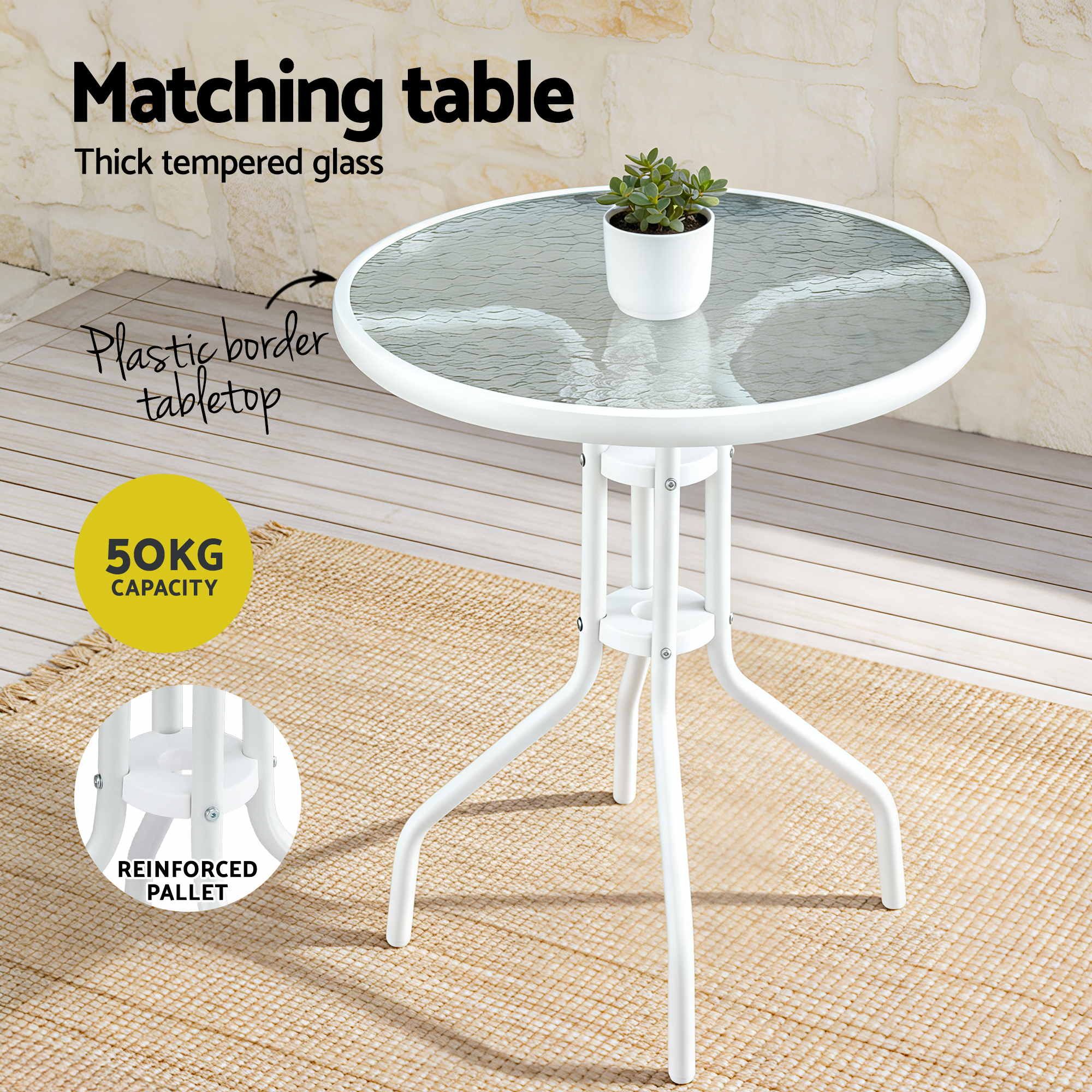 3PC Outdoor Bistro Set Table and Chairs Stackable Patio Furniture White