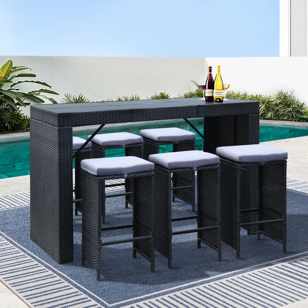 7 Piece Outdoor Wicker Bar Table & 6 Stools Set Black