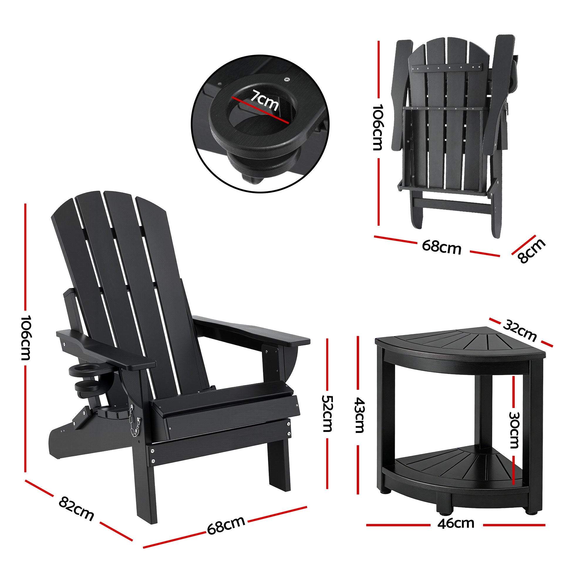 3-Piece Folding Adirondack Outdoor Table and Chairs Set - Black
